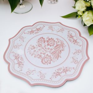 10-Pack Disposable Table Placemats 13" Round Placemats in White with Pink Damask Floral Pattern & Scalloped Rim - 400GSM Cardboard Placemats