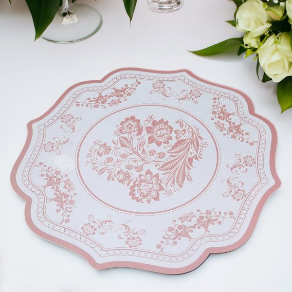 10-Pack Disposable Table Placemats 13" Round Placemats in White with Pink Damask Floral Pattern & Scalloped Rim - 400GSM Cardboard Placemats