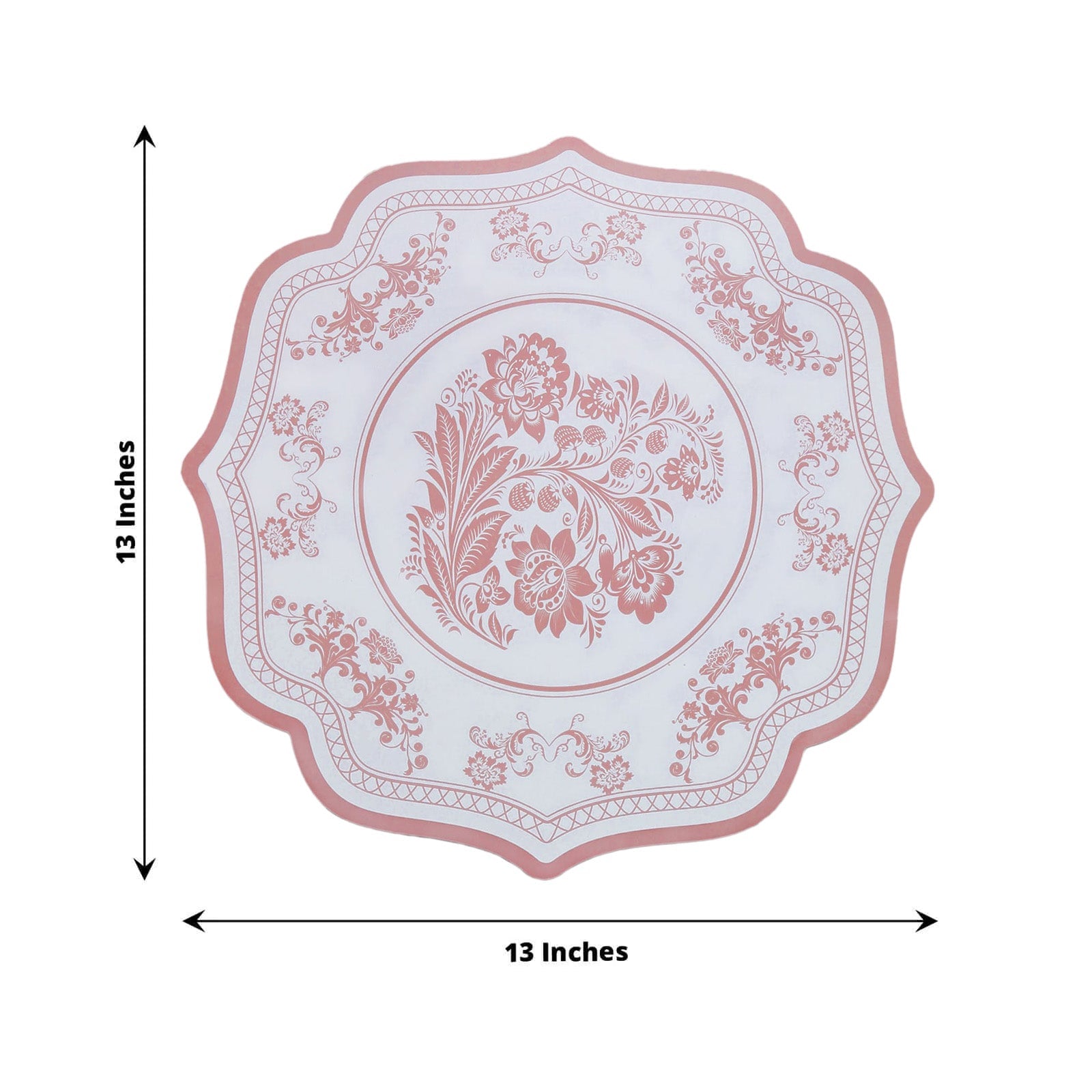 10-Pack Disposable Table Placemats 13" Round Placemats in White with Pink Damask Floral Pattern & Scalloped Rim - 400GSM Cardboard Placemats