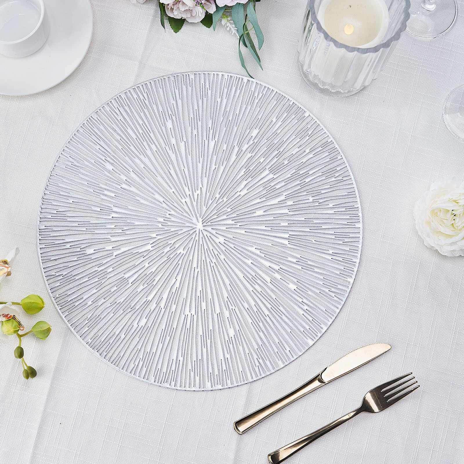 6-Pack Dining Table Mats Spiked Design Silver - Vinyl Non-Slip Surface with Modern Appeal 15"