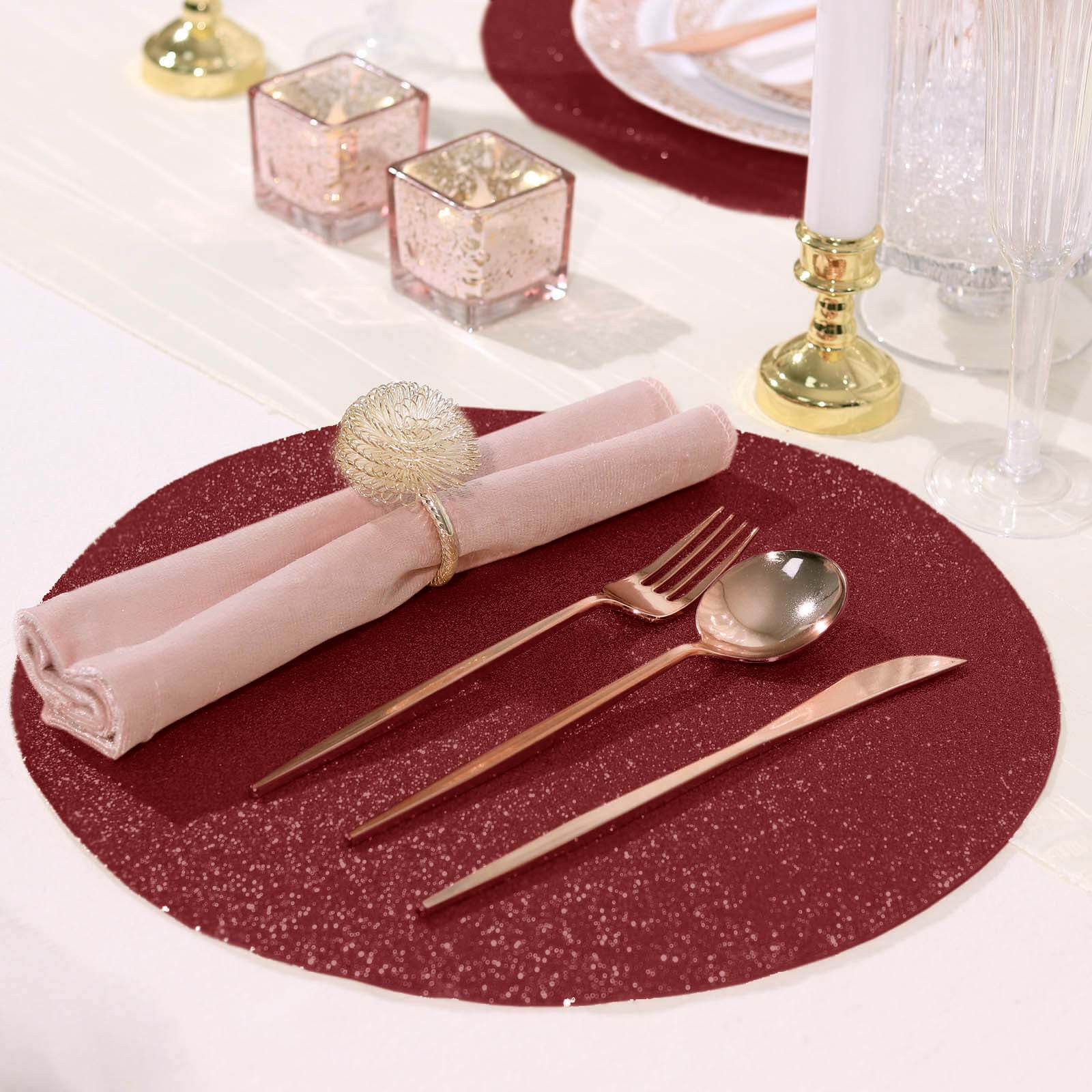 6-Pack Placemats Glitter Design Burgundy Sparkle Round - Non-Slip Decorative Dining Table Mats 13"