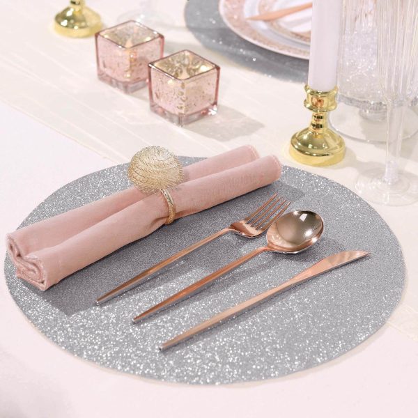 6-Pack Placemats Glitter Design Silver Sparkle Round - Non-Slip Decorative Dining Table Mats 13"
