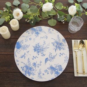 6-Pack Disposable Charger Plates in French Toile Print 13" in White/Blue - 700GSM Floral Paper Chargers for Stylish & Easy Cleanup