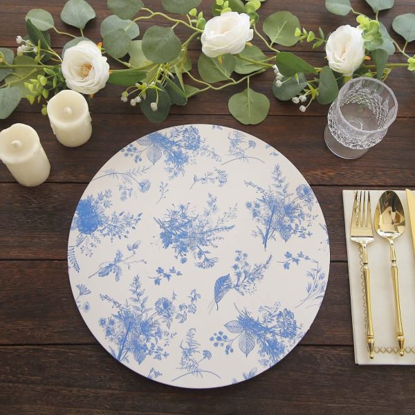 6-Pack Disposable Charger Plates in French Toile Print 13" in White/Blue - 700GSM Floral Paper Chargers for Stylish & Easy Cleanup