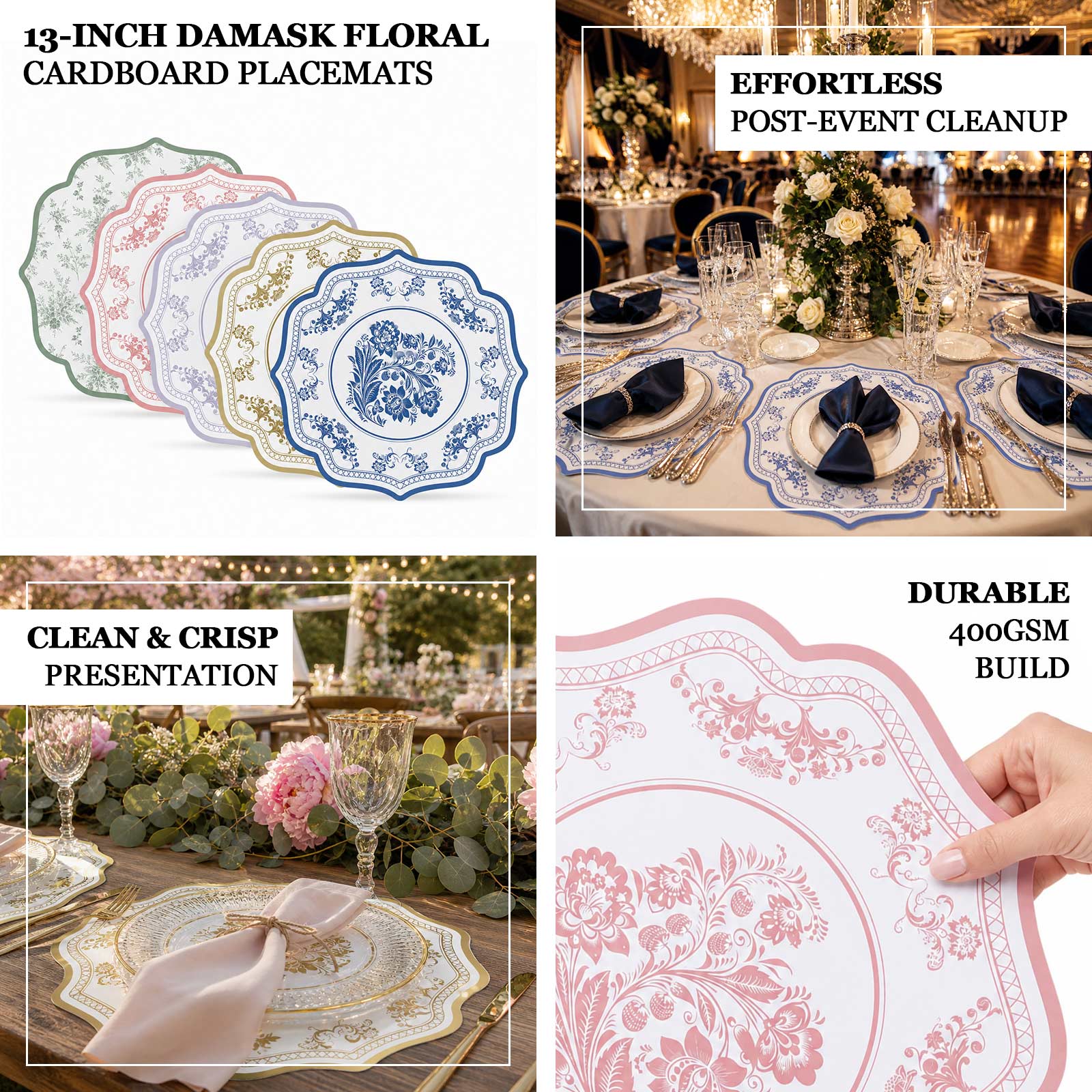 10-Pack Disposable Table Placemats 13" Round Placemats in White with Lavender Damask Floral Pattern & Scalloped Rim - 400GSM Cardboard Placemats for Stylish Table Setting