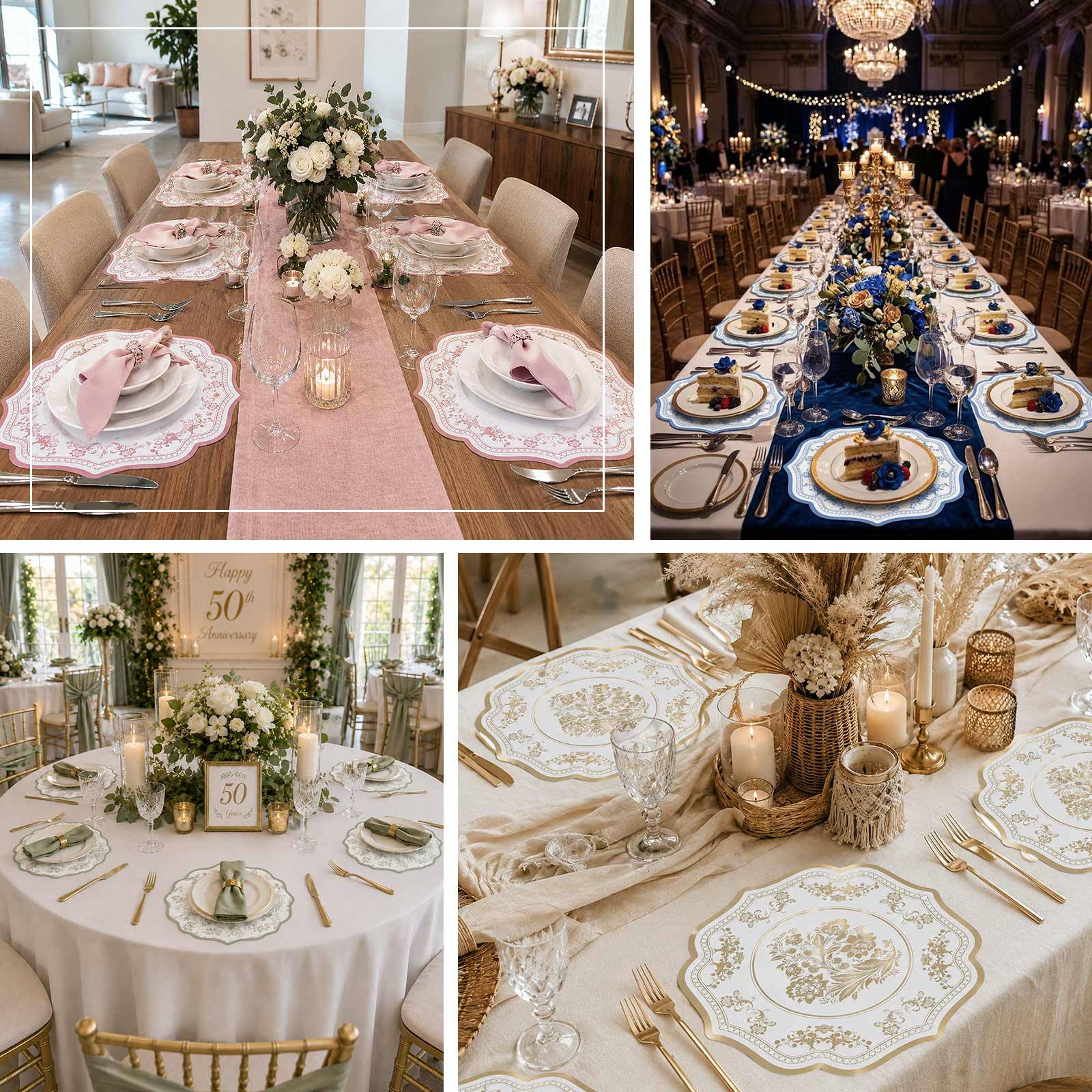 10 Pack Cardboard Paper Table Mats with White Gold Damask Floral Pattern, 13" Round Disposable Placemats with Scalloped Rim - 400 GSM