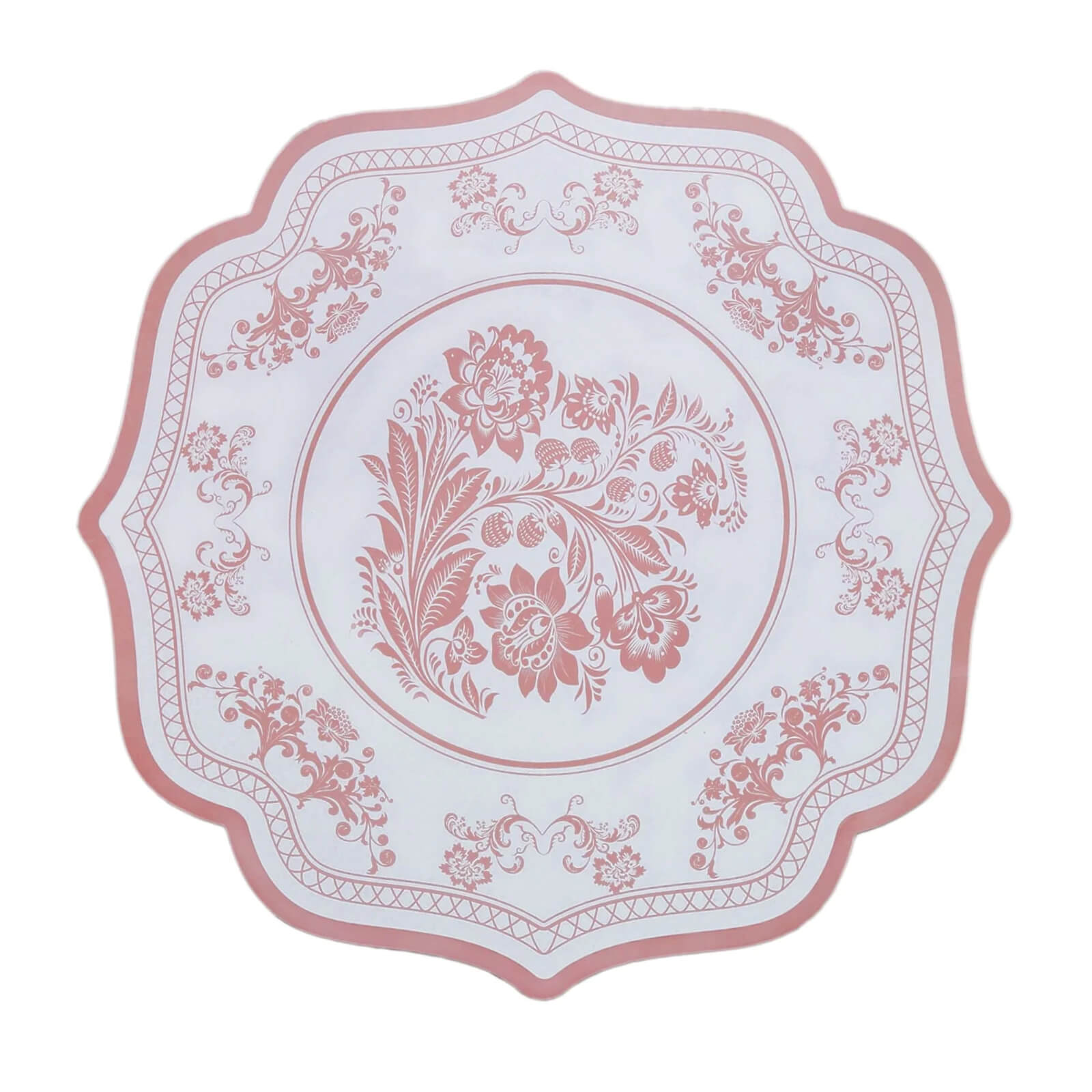 10-Pack Disposable Table Placemats 13" Round Placemats in White with Pink Damask Floral Pattern & Scalloped Rim - 400GSM Cardboard Placemats