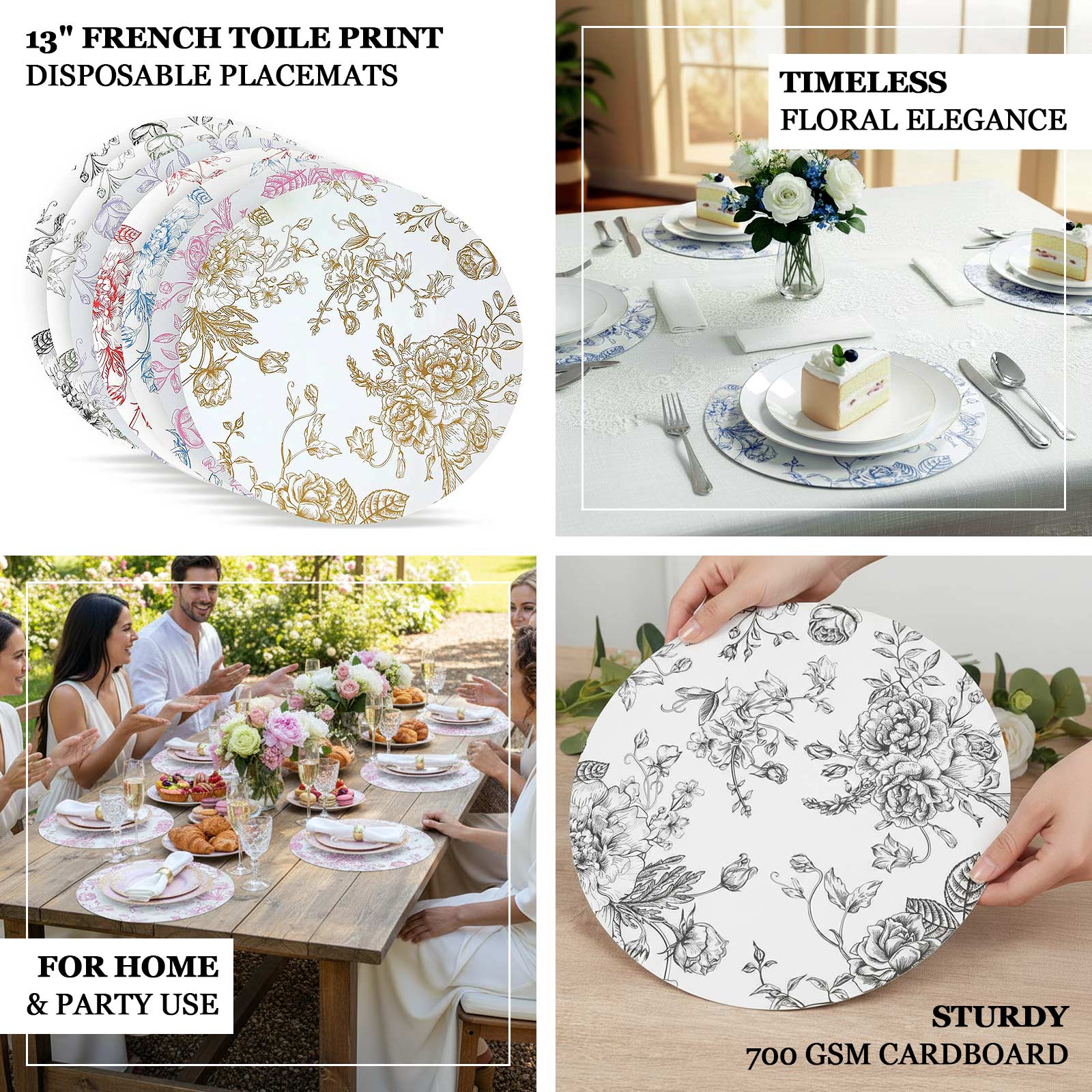 10-Pack Disposable Table Placemats in French Toile Print 13" in Matte White/Red - Chic Floral Cardboard Placemats for Stylish Table Setting