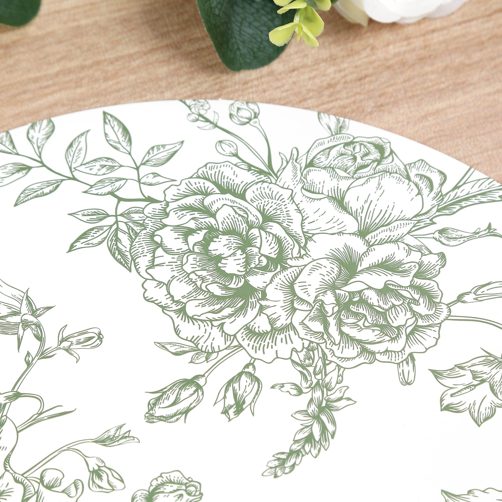10-Pack Disposable Table Placemats in French Toile Print 13" in Matte White/Sage Green - Chic Floral Cardboard Placemats for Stylish Table Setting