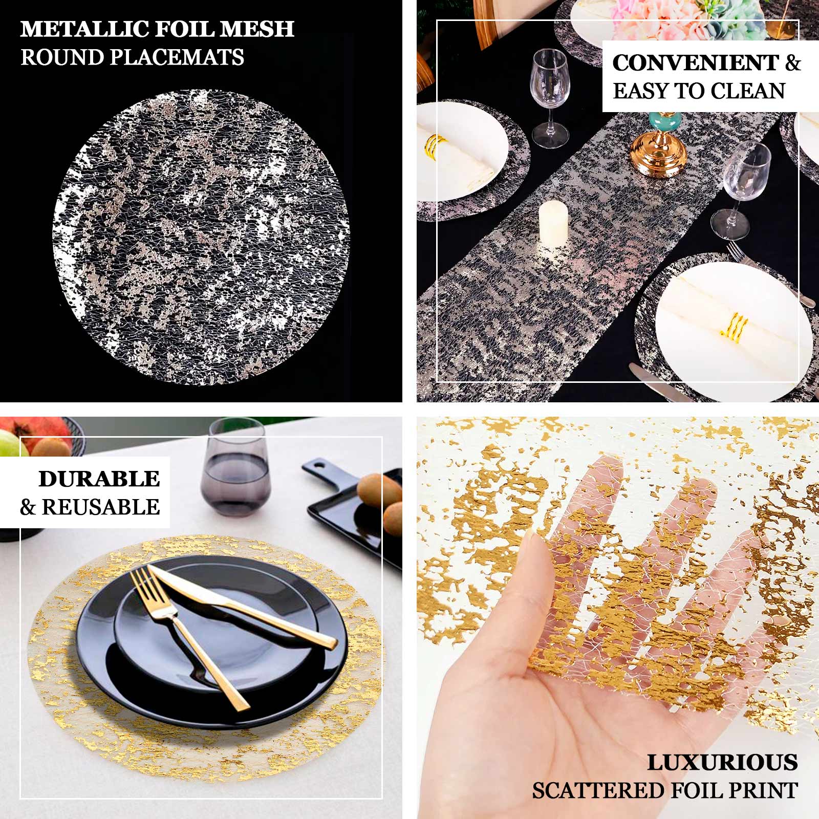 50-Pack Table Placemats Foil Design Metallic Gold Round - Mesh Disposable Shiny Dining Mats 13"
