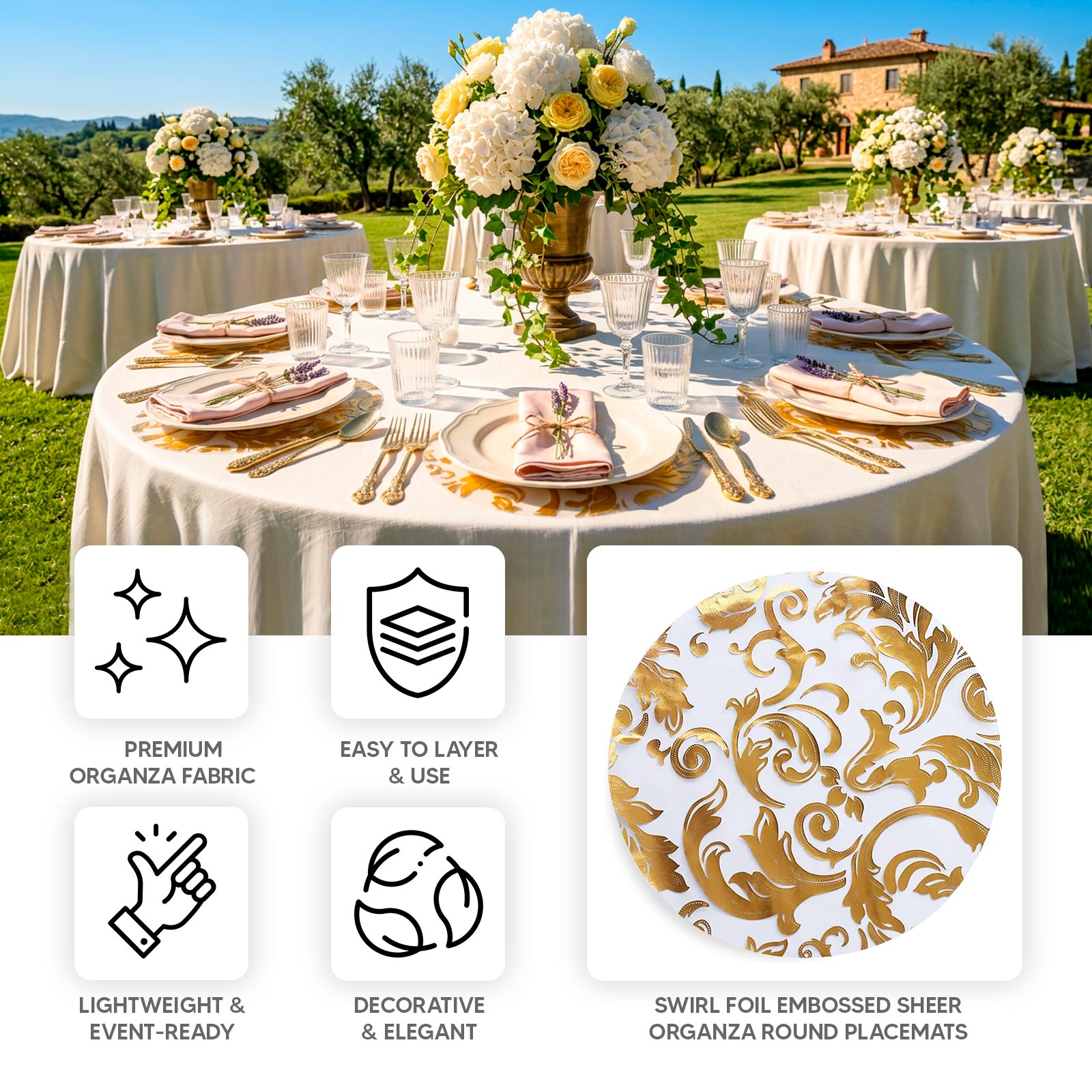 50-Pack Table Placemats Swirl Foil Floral Design Metallic Gold Round - Sheer Organza Disposable Mats 13"