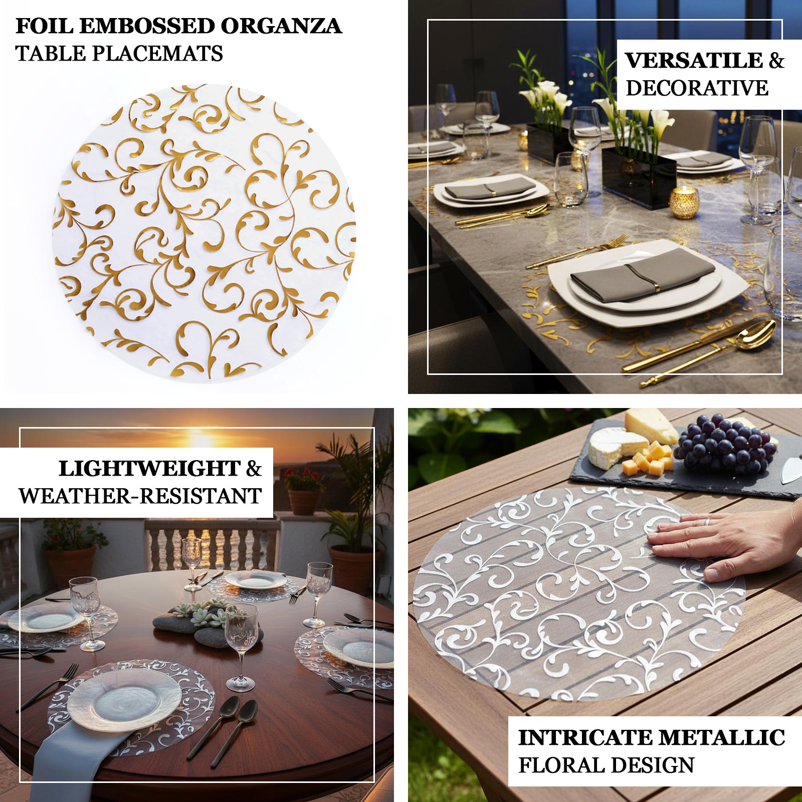 50-Pack Table Placemats Embossed Foil Flower Design Metallic Gold Round - Sheer Organza Disposable Mats 13"