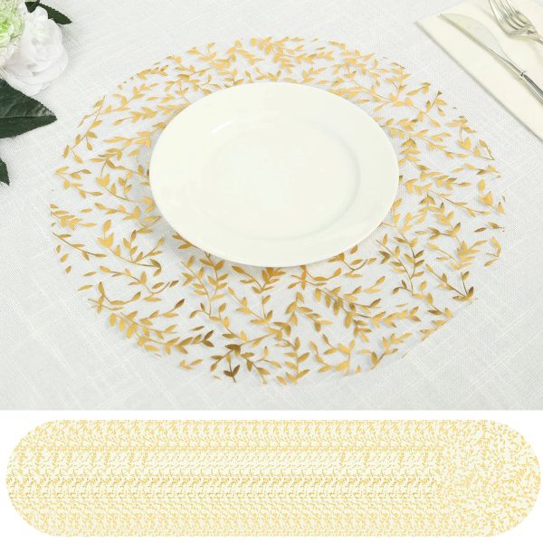 50-Pack Table Placemats Gold Foil Leaf Vine Design White Round - Organza Disposable Floral Mats 13"