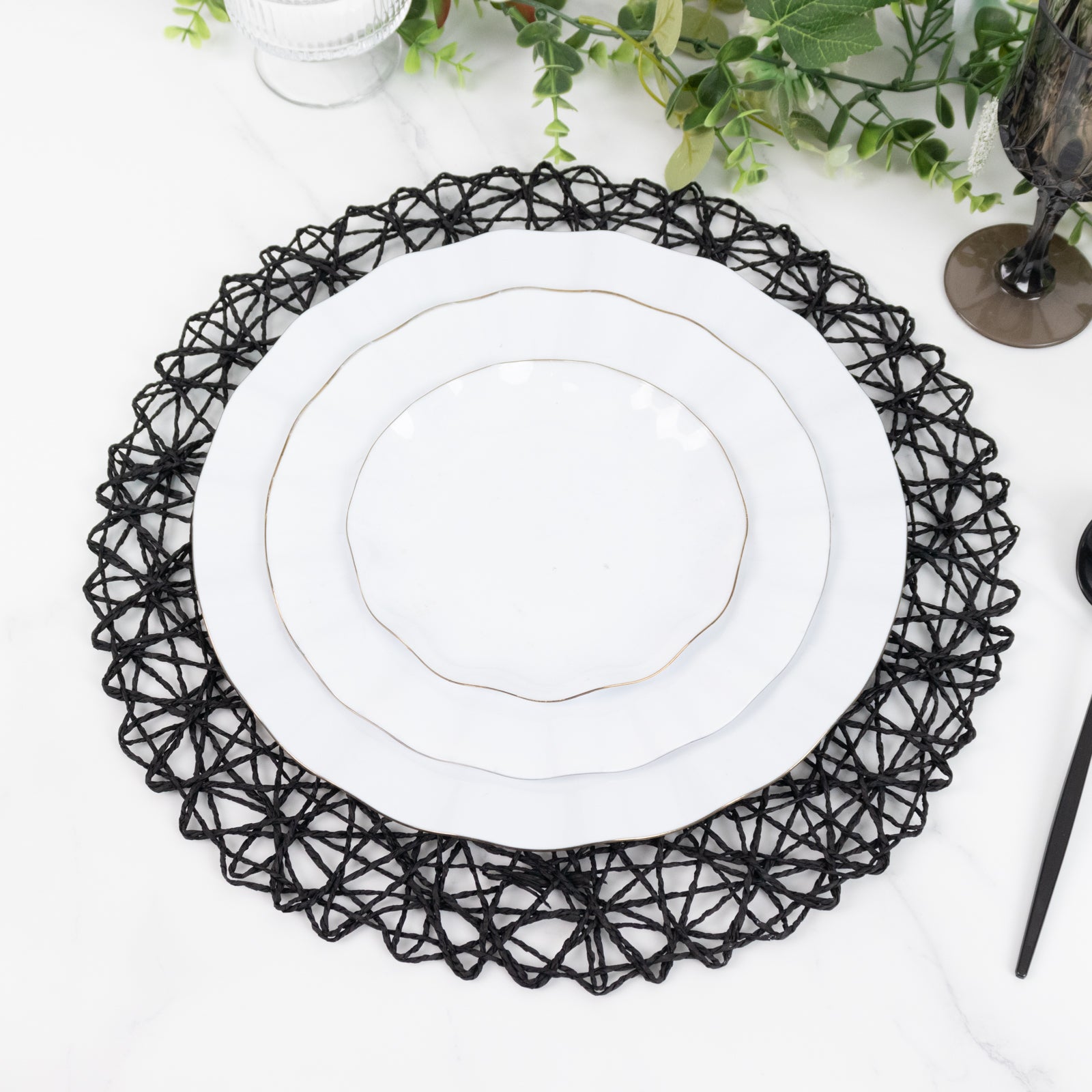 6-Pack Table Placemats Woven Fiber Design Black Round - Disposable Mats for Dining and Events 15"