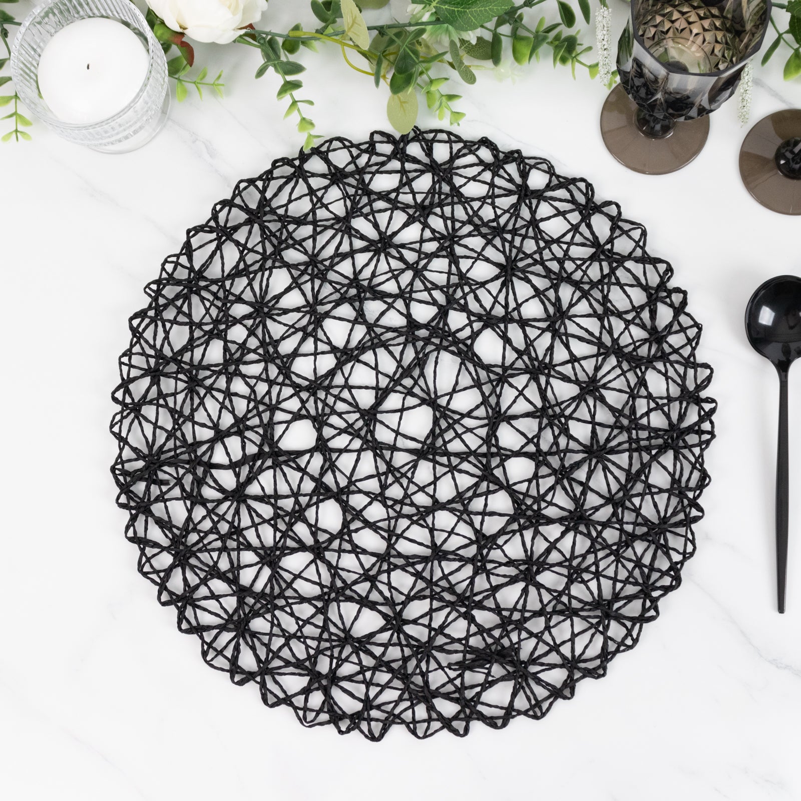 6-Pack Table Placemats Woven Fiber Design Black Round - Disposable Mats for Dining and Events 15"