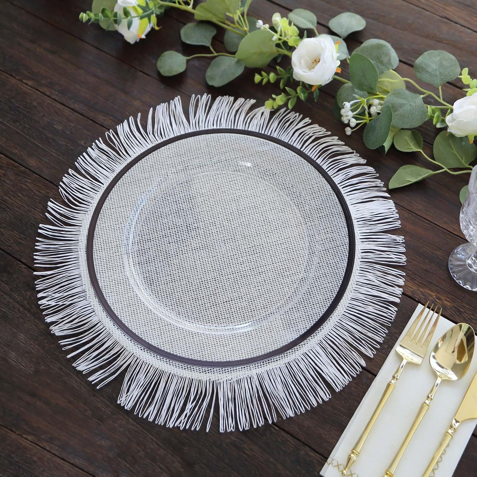 4-Pack Placemats Fringe Edge Design White Jute Round - Rustic Boho Chic Burlap Table Decor 16"