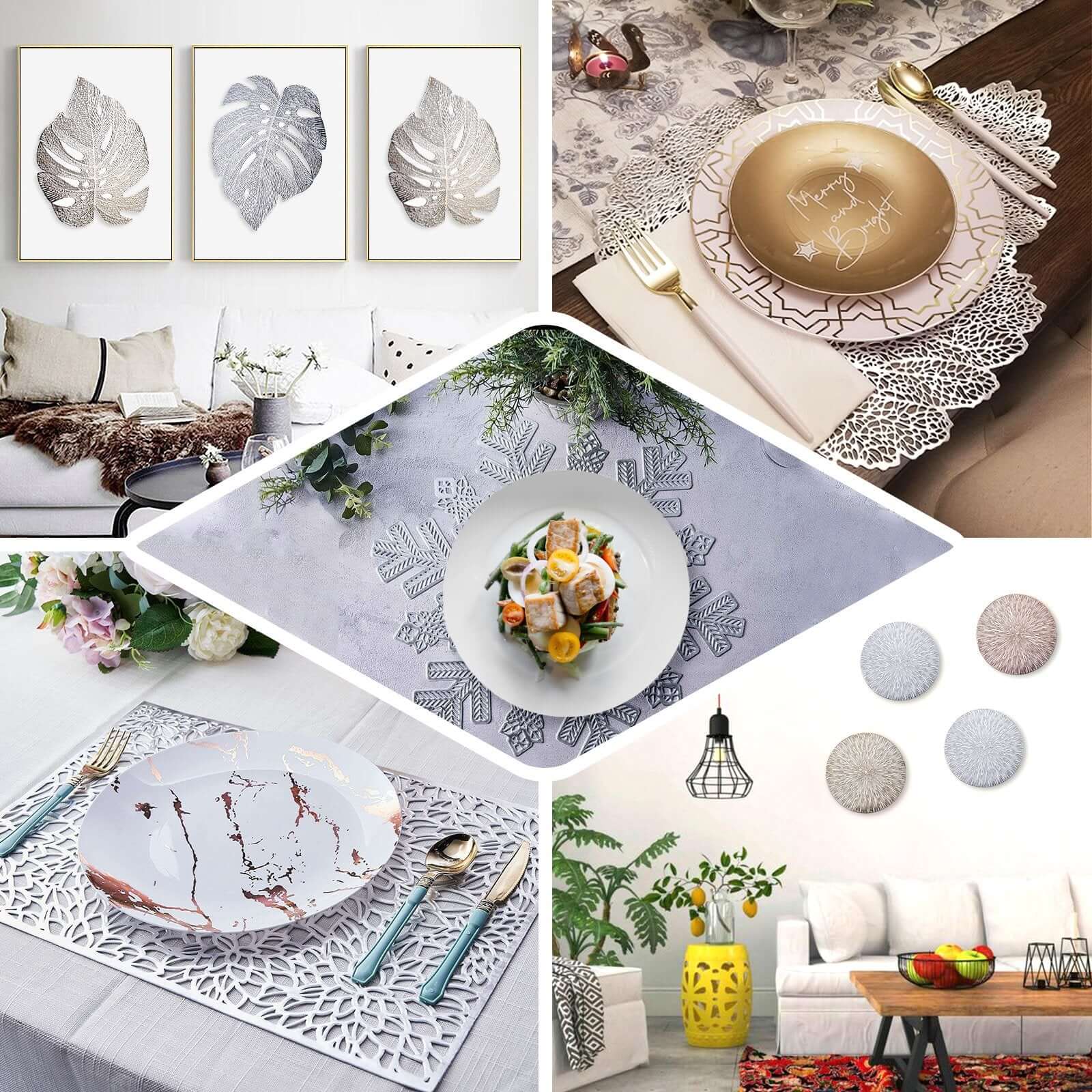 6-Pack Dining Table Mats Monstera Leaf Design Rose Gold - Vinyl Non-Slip Surface for Tropical Themes 18"