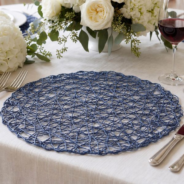 6-Pack Table Placemats Woven Fiber Design Denim Blue Round - Disposable Mats for Dining and Events 15"
