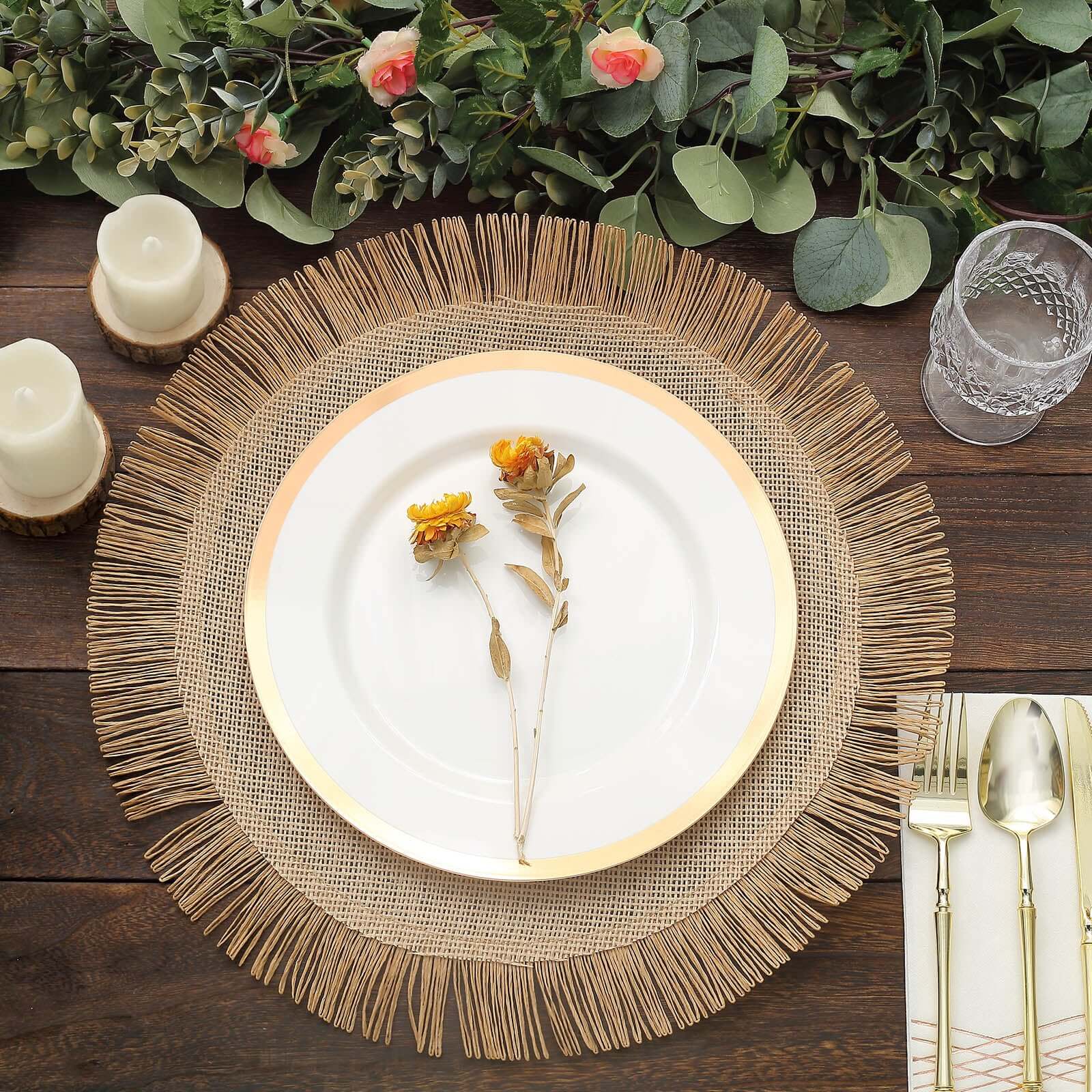 4-Pack Placemats Fringe Edge Design Natural Jute Round - Rustic Boho Chic Burlap Table Decor 16"