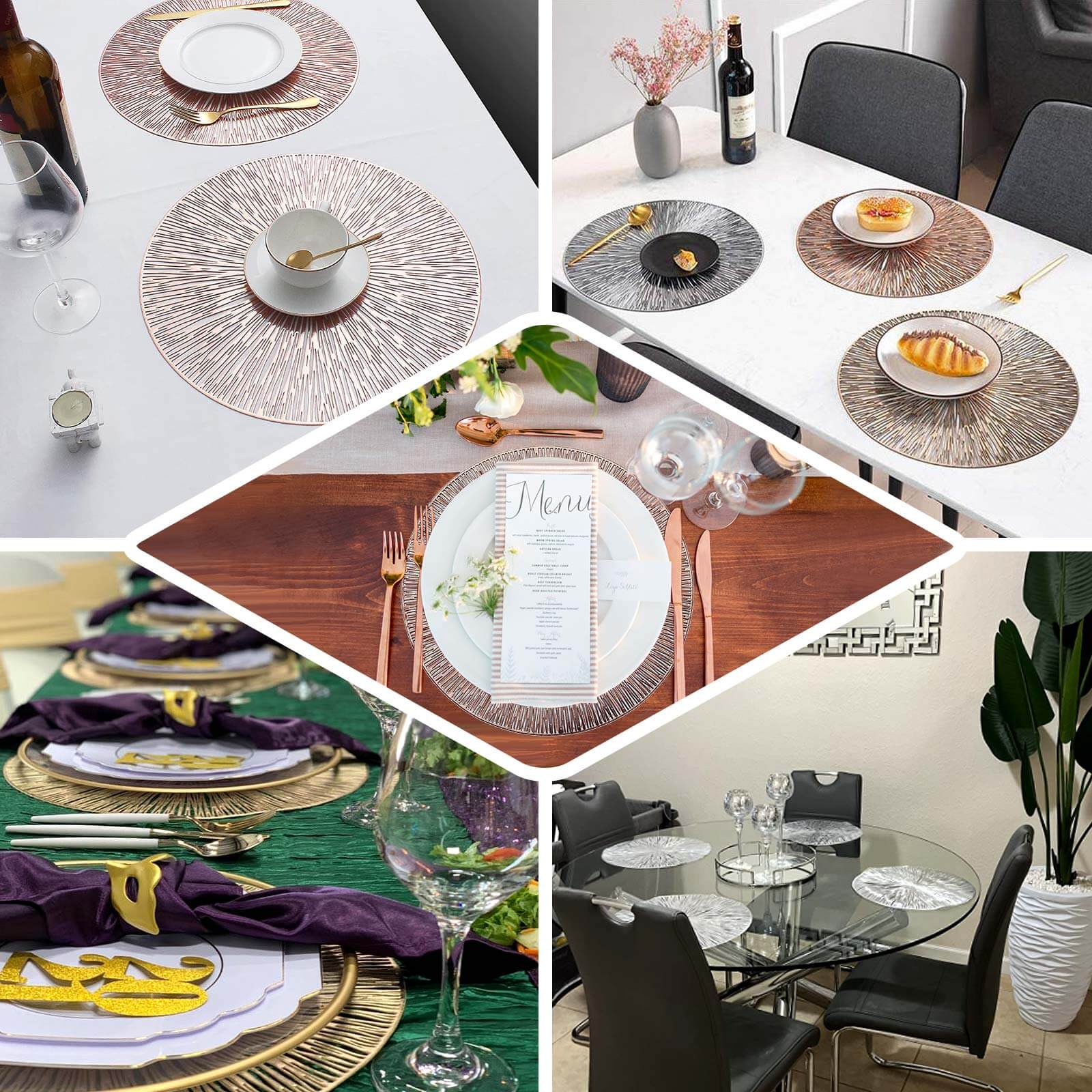6-Pack Dining Table Mats Spiked Design Silver - Vinyl Non-Slip Surface with Modern Appeal 15"