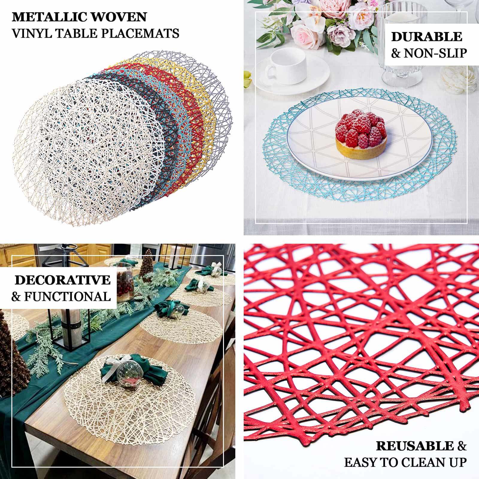 6-Pack Vinyl Placemats Champagne Woven Design - Durable Non-Slip Round Table Mats for Dining 15"
