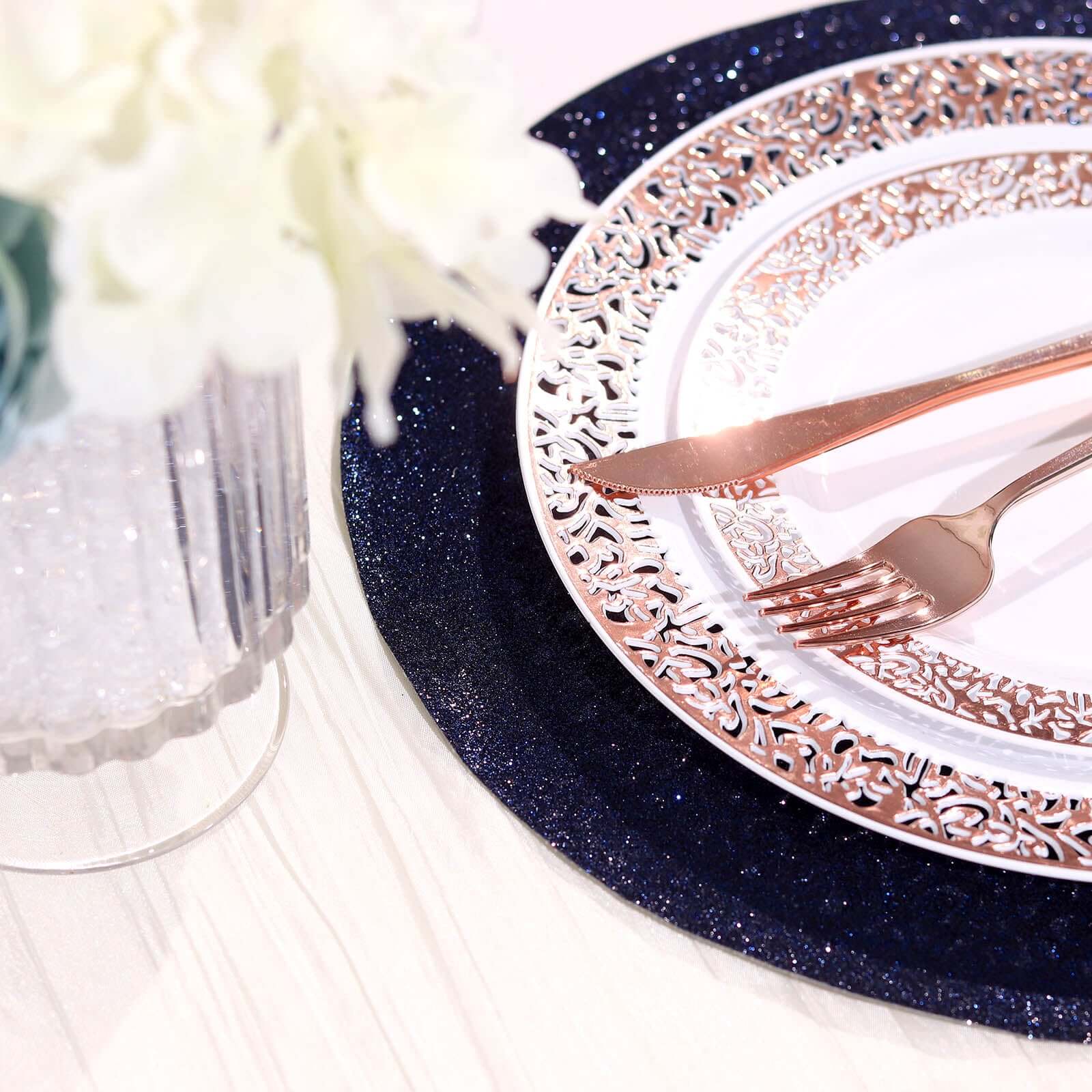 6-Pack Placemats Glitter Design Navy Blue Sparkle Round - Non-Slip Decorative Dining Table Mats 13"