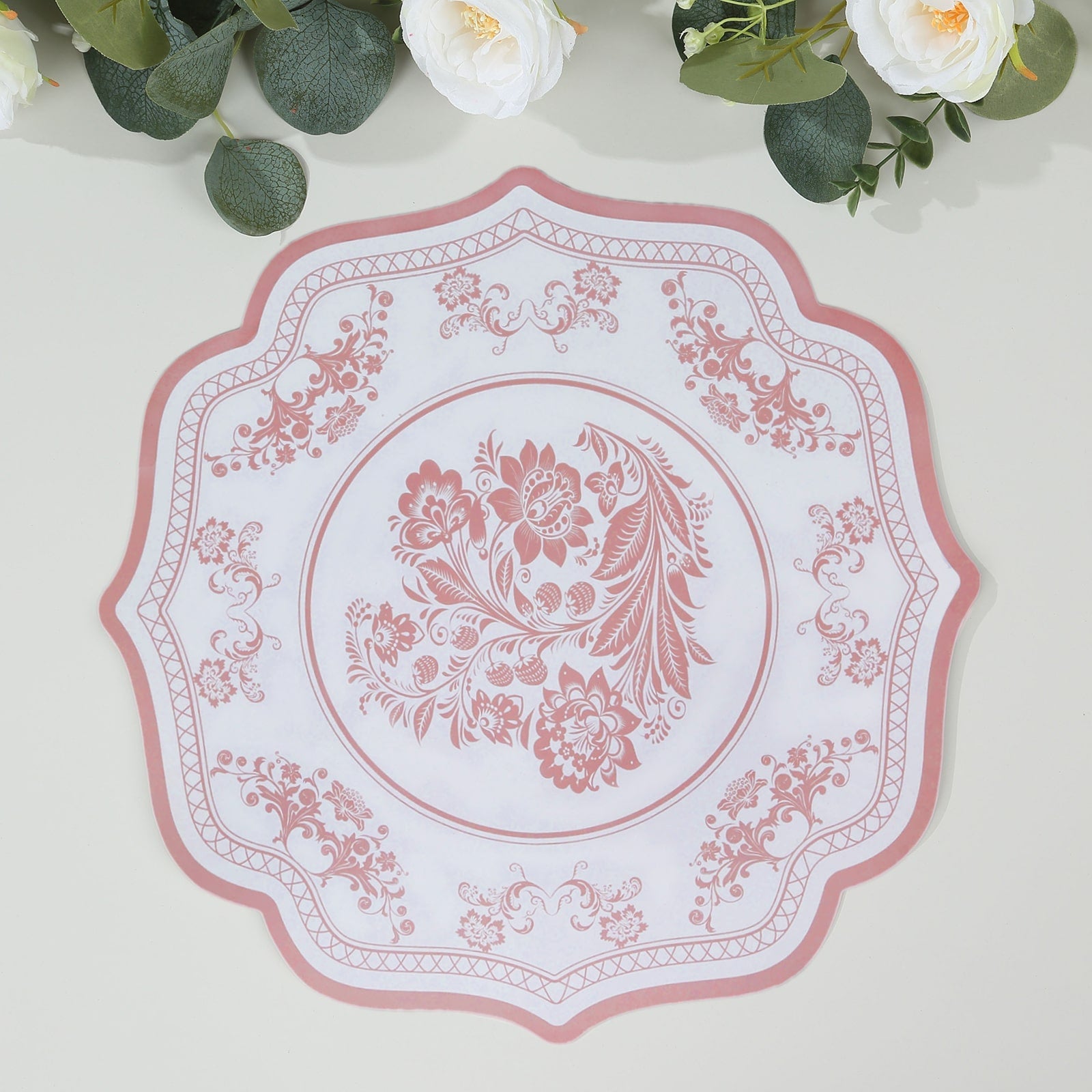 10-Pack Disposable Table Placemats 13" Round Placemats in White with Pink Damask Floral Pattern & Scalloped Rim - 400GSM Cardboard Placemats