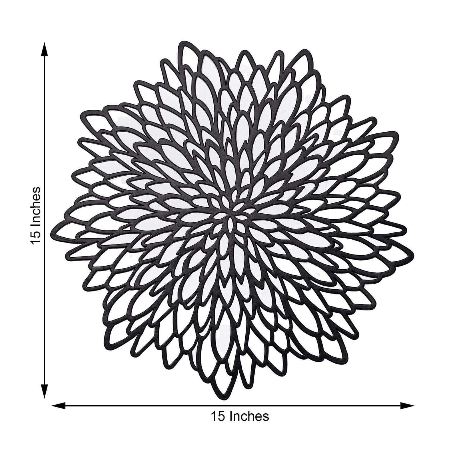 6-Pack Dining Table Mats Floral Design Black - Metallic Vinyl Round Non-Slip Mats for Tables 15"