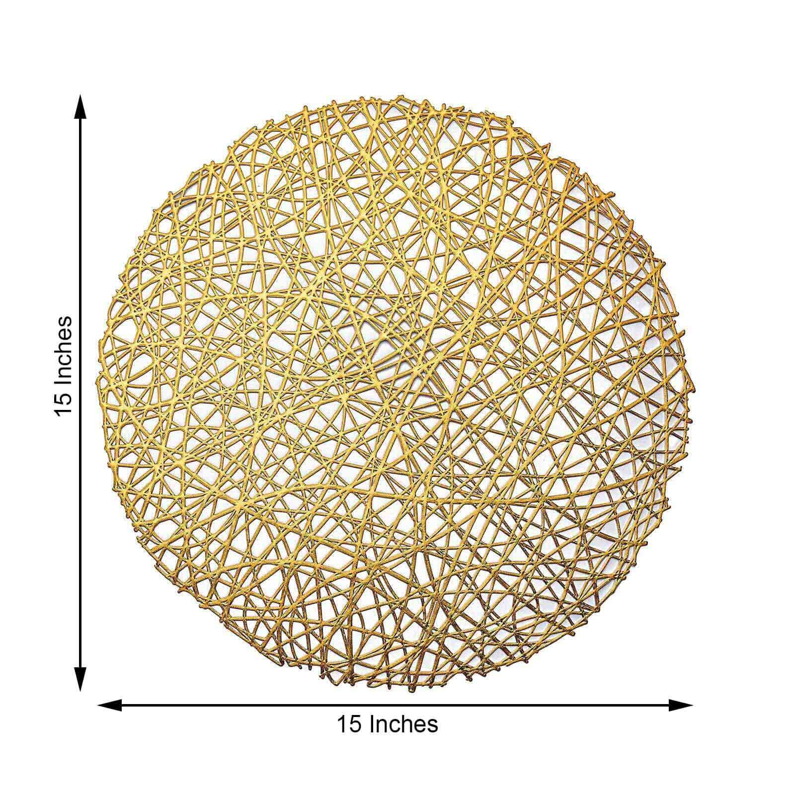 6-Pack Vinyl Placemats Gold Woven Design - Durable Non-Slip Round Table Mats for Dining 15"