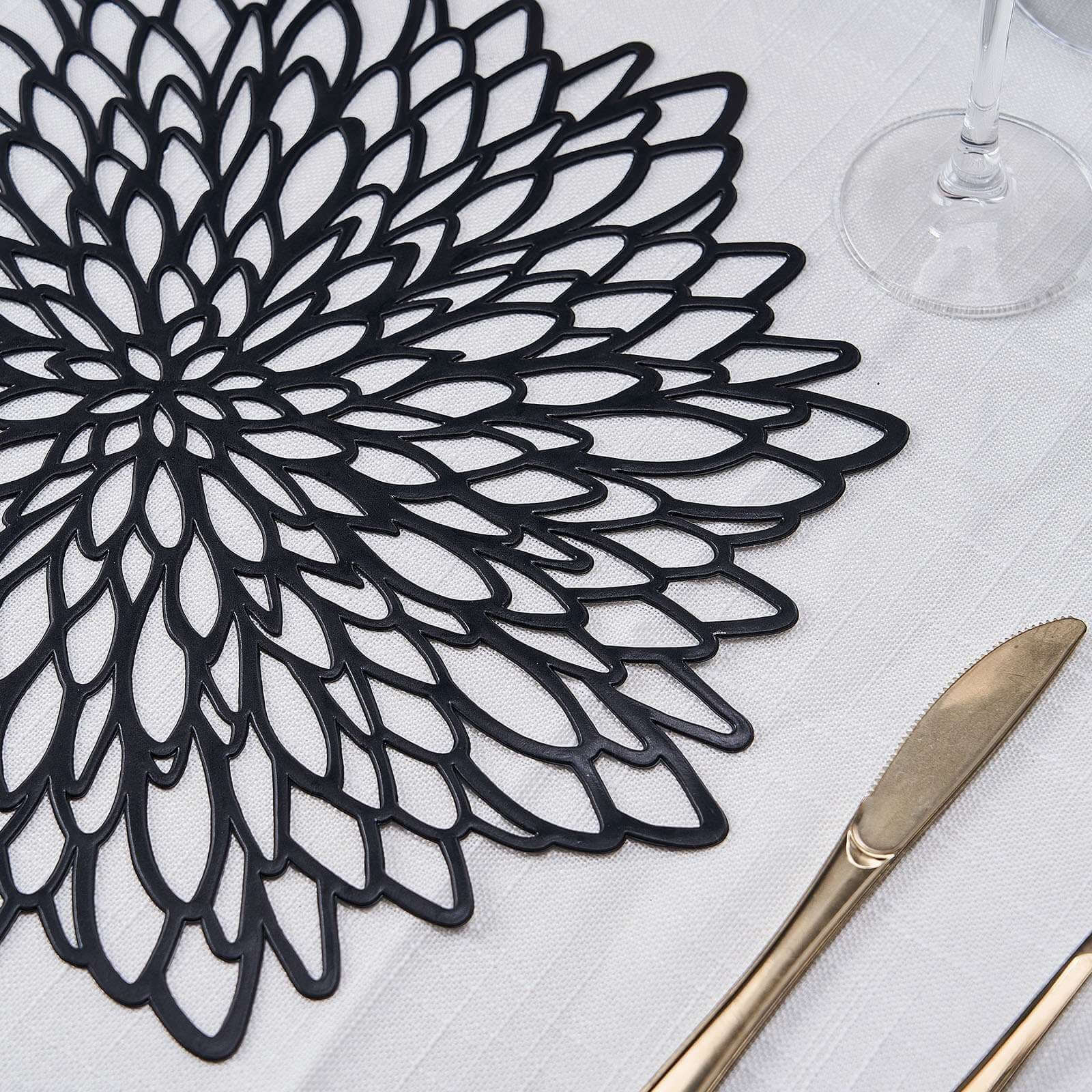 6-Pack Dining Table Mats Floral Design Black - Metallic Vinyl Round Non-Slip Mats for Tables 15"