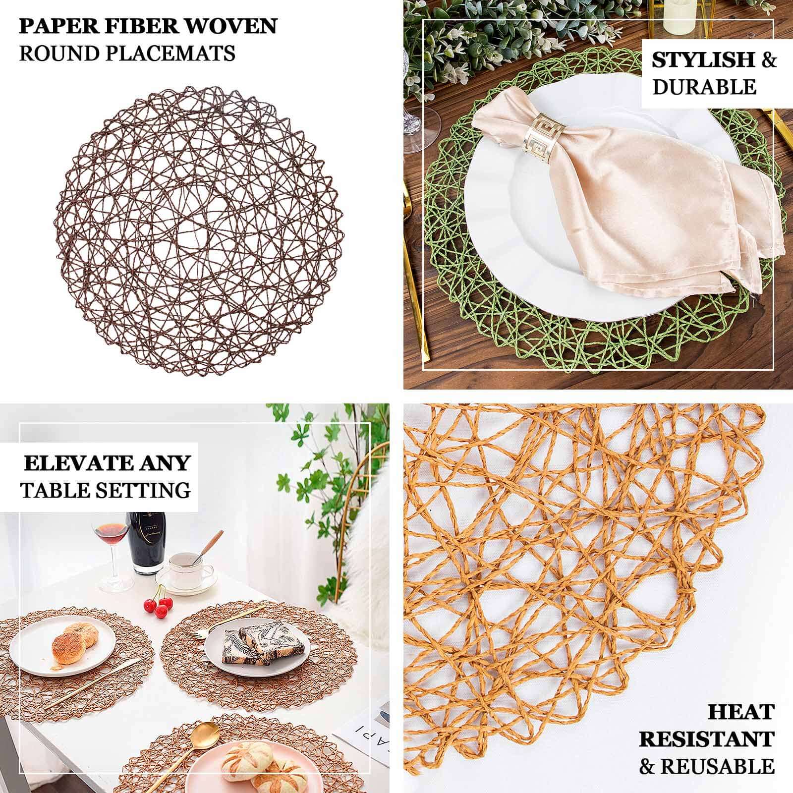 6-Pack Table Placemats Woven Fiber Design Natural Round - Disposable Mats for Dining and Events 15"