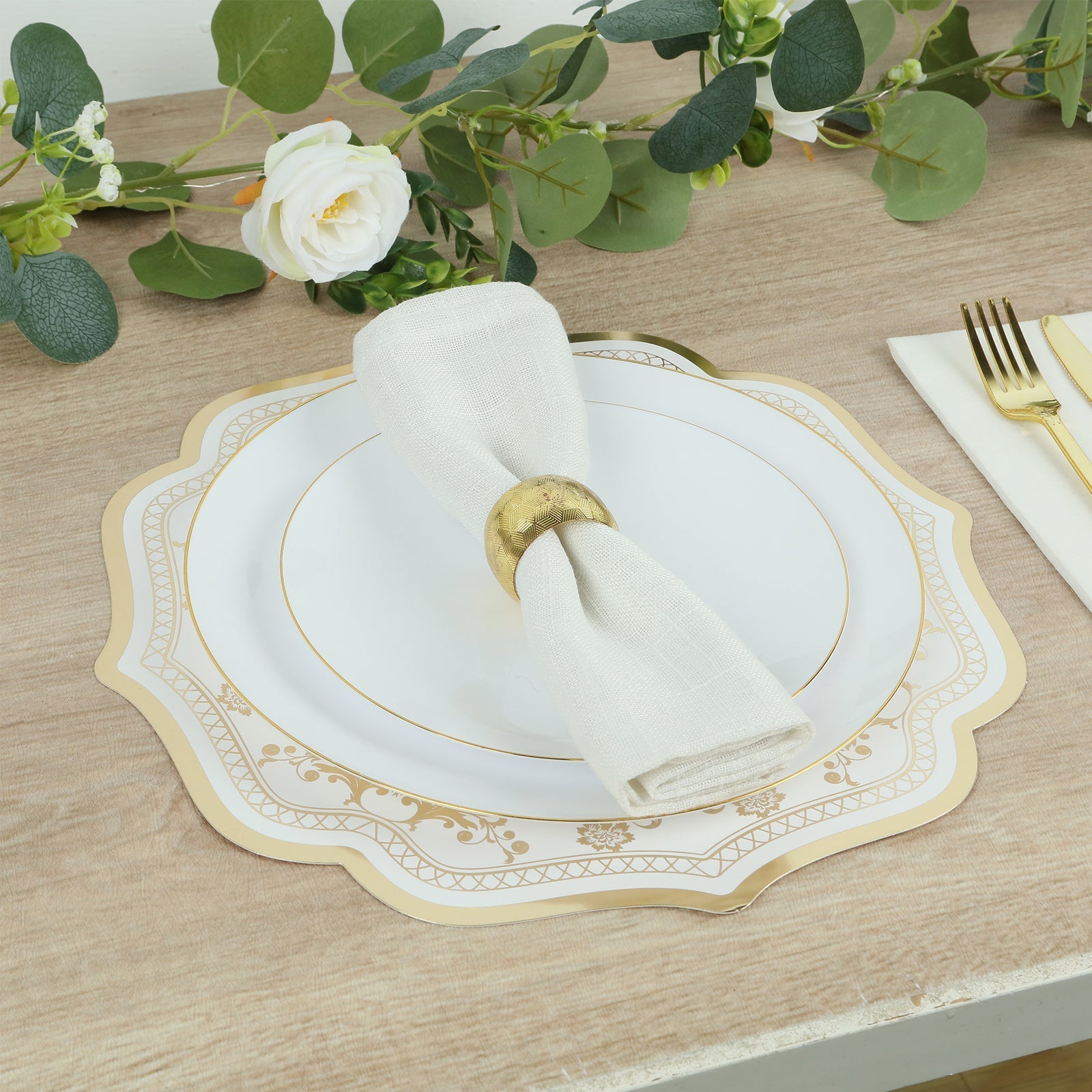 10 Pack Cardboard Paper Table Mats with White Gold Damask Floral Pattern, 13" Round Disposable Placemats with Scalloped Rim - 400 GSM