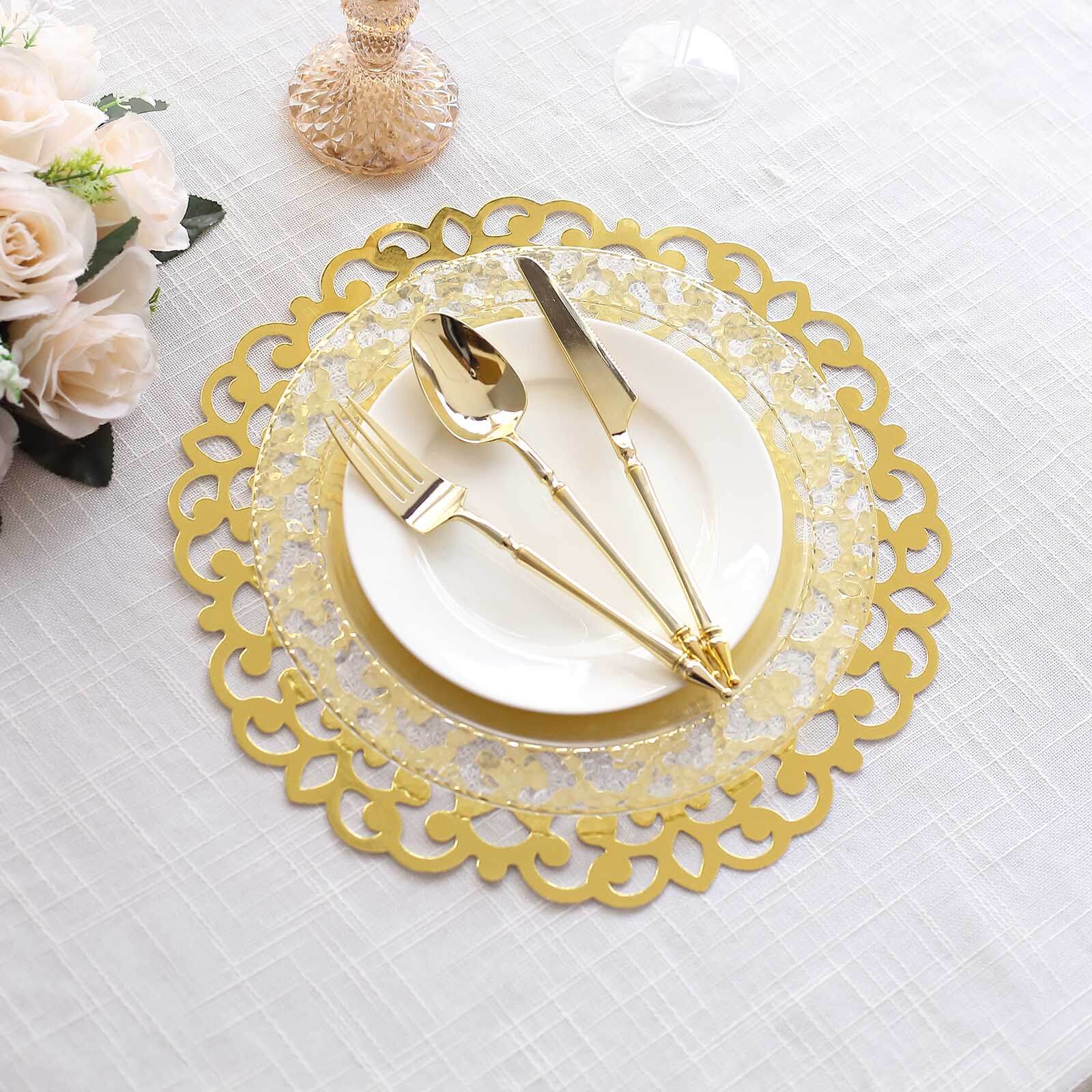 6-Pack Disposable Table Placemats in Metallic Gold with Laser Cut Floral Rim - 400GSM Cardboard Placemats for Glamorous Table Settings 13"