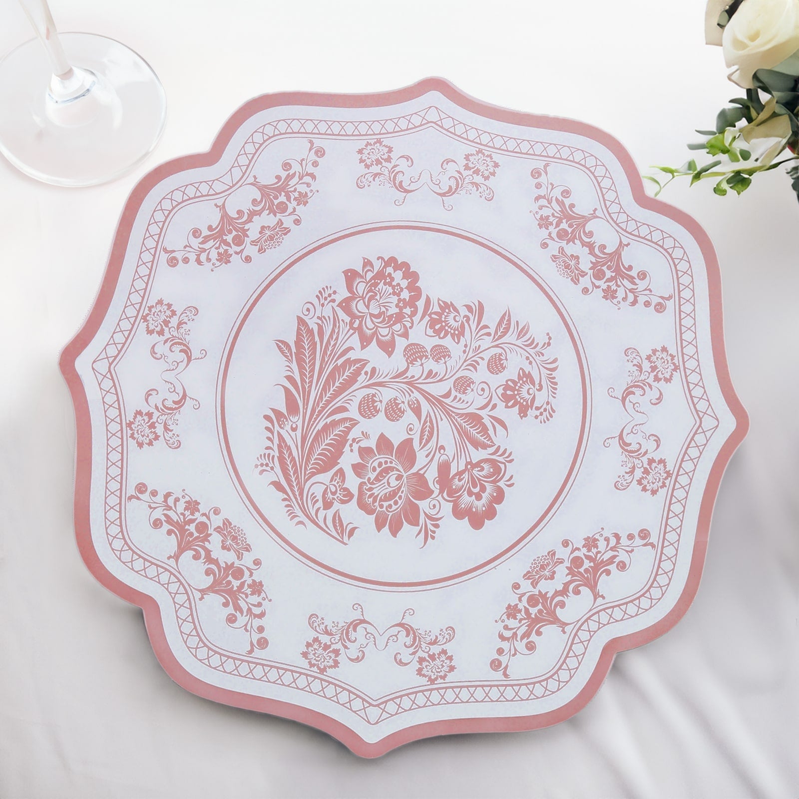 10-Pack Disposable Table Placemats 13" Round Placemats in White with Pink Damask Floral Pattern & Scalloped Rim - 400GSM Cardboard Placemats