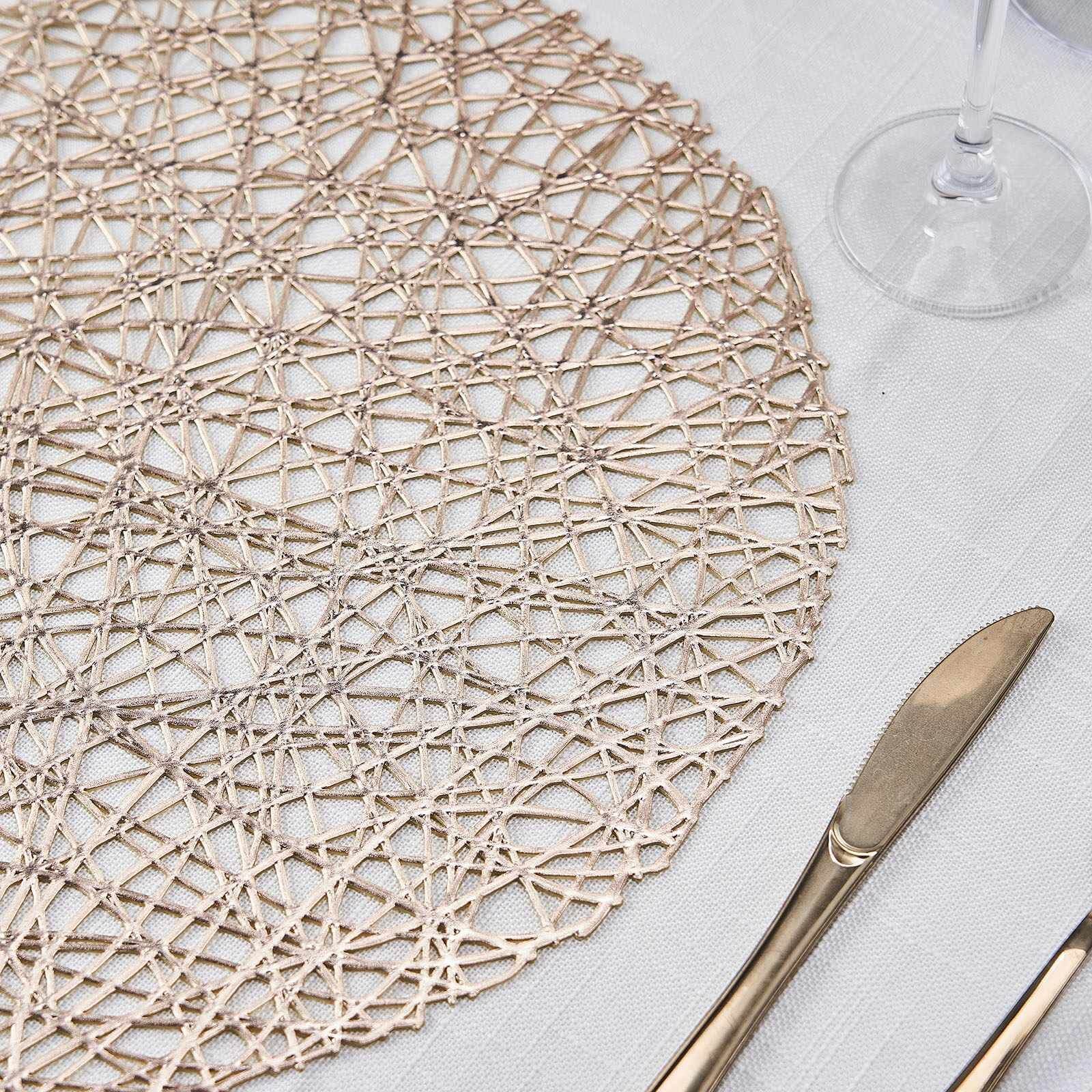 6-Pack Vinyl Placemats Champagne Woven Design - Durable Non-Slip Round Table Mats for Dining 15"