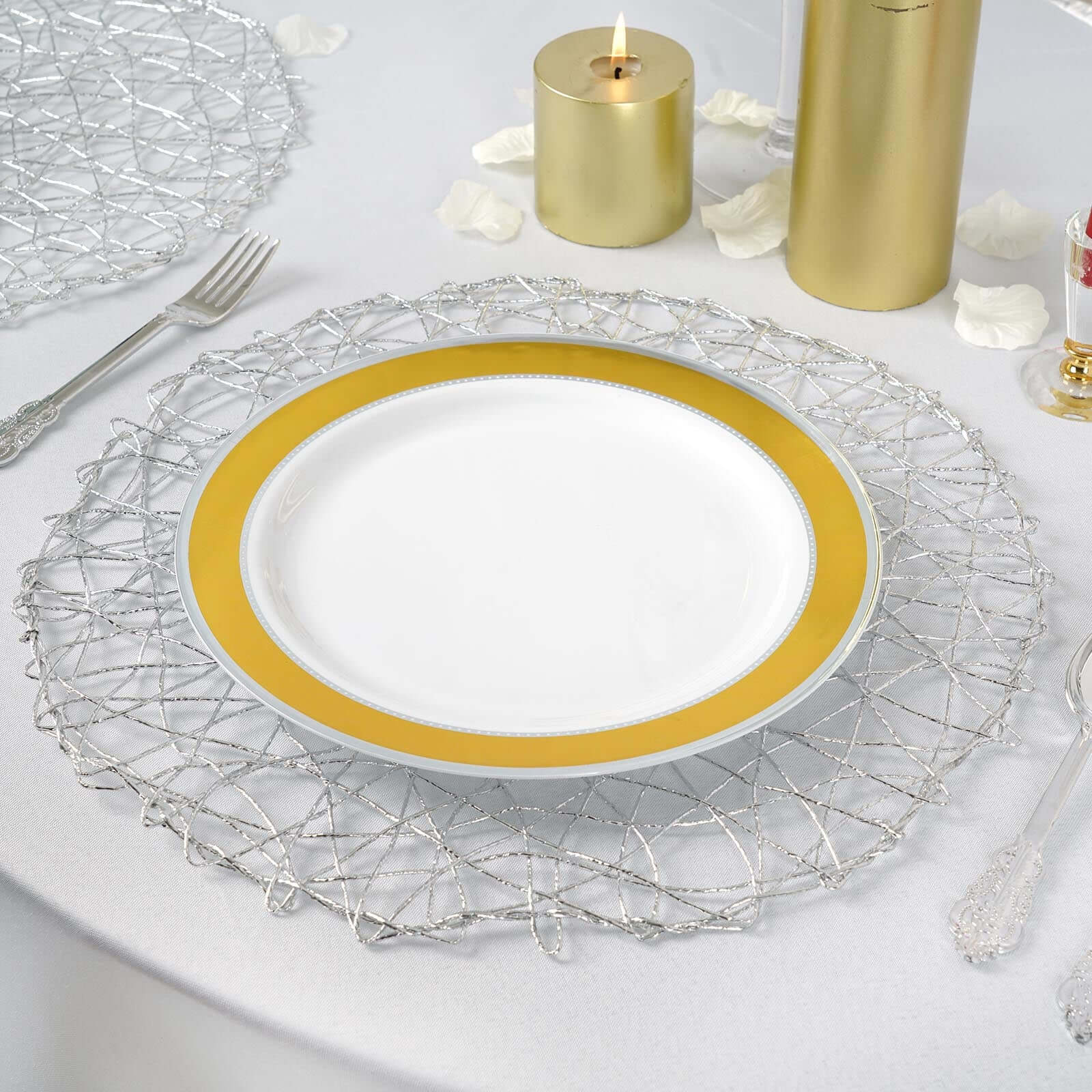 6-Pack Table Placemats Woven Fiber Design Silver Round - Disposable Mats for Dining and Events 15"