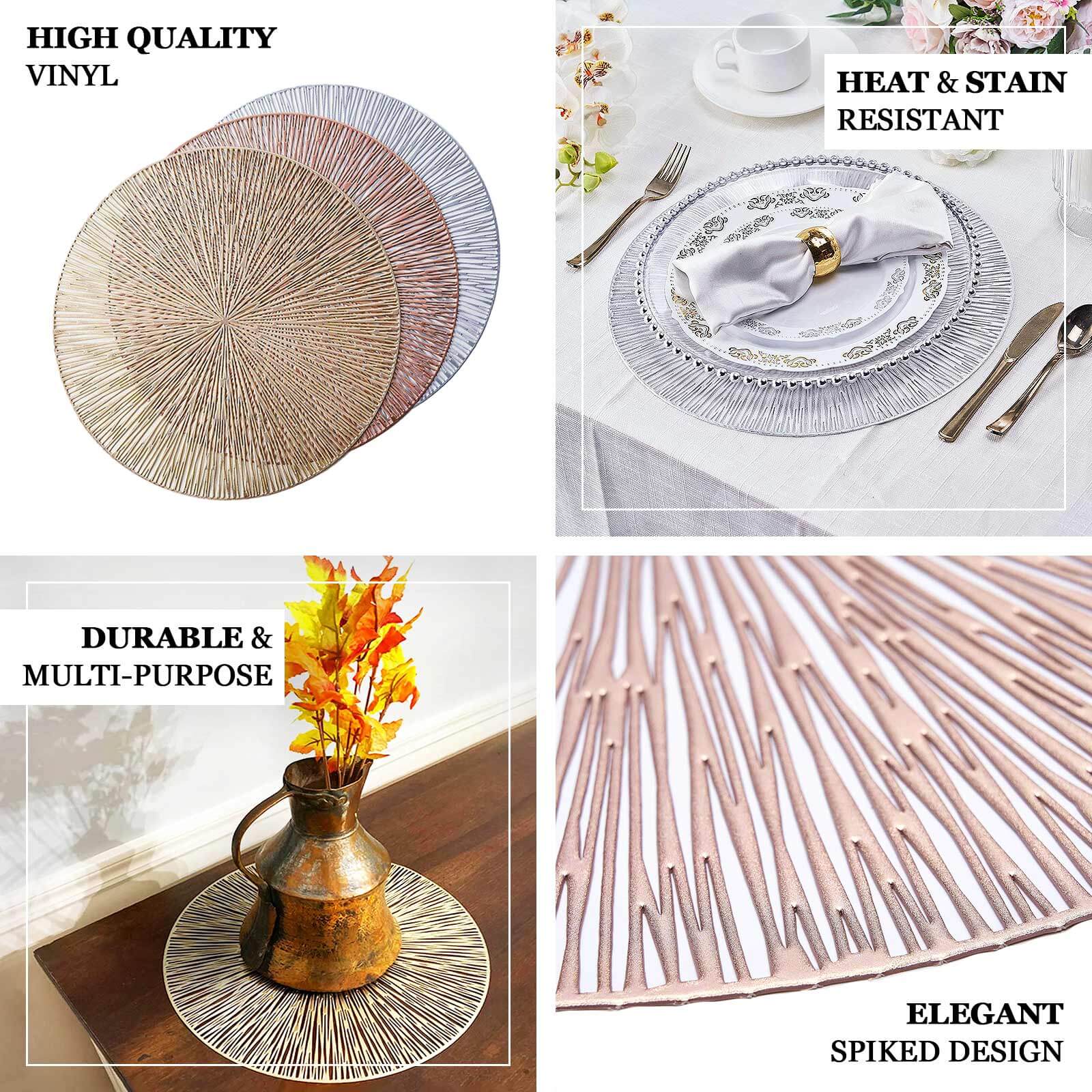 6-Pack Dining Table Mats Spiked Design Silver - Vinyl Non-Slip Surface with Modern Appeal 15"