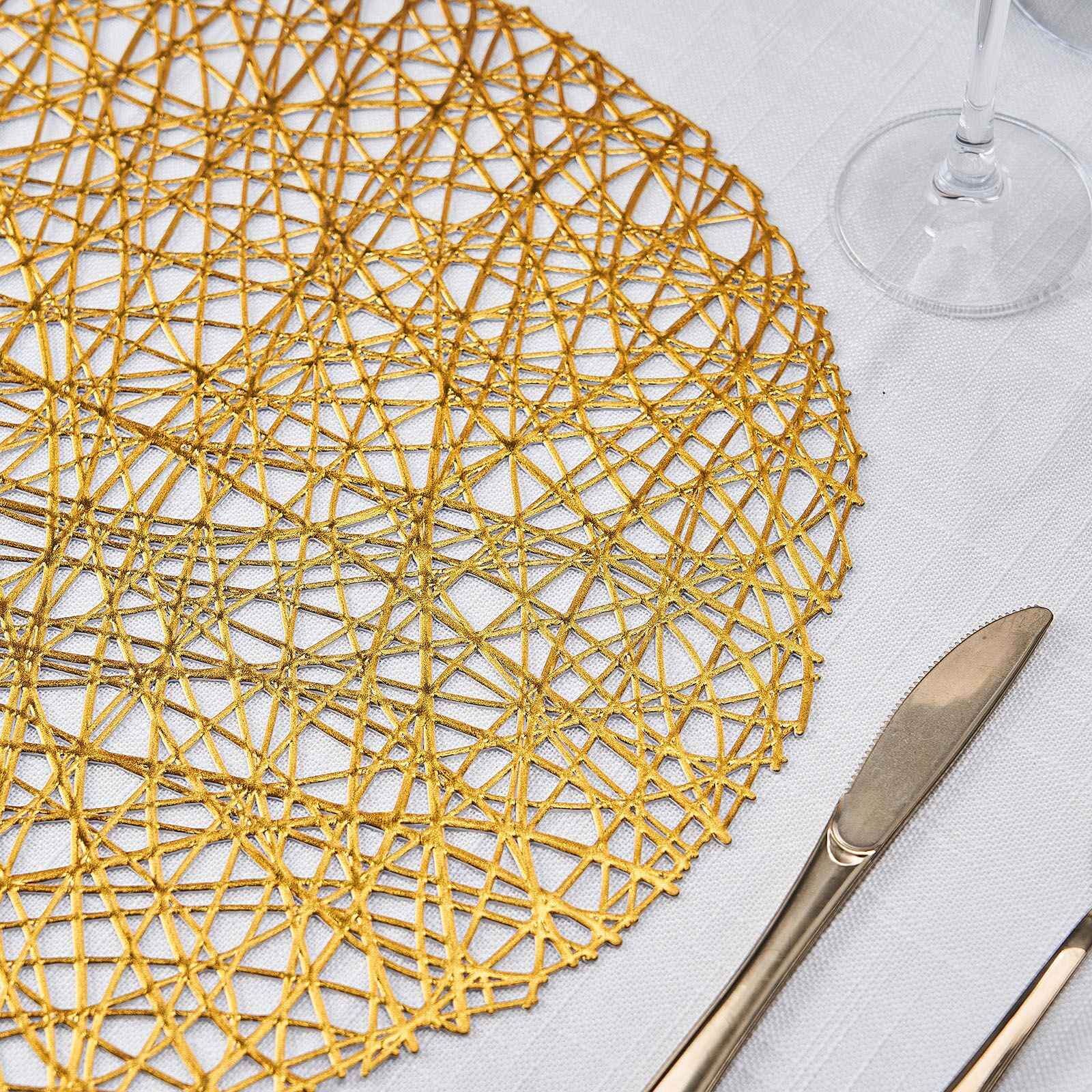 6-Pack Vinyl Placemats Gold Woven Design - Durable Non-Slip Round Table Mats for Dining 15"