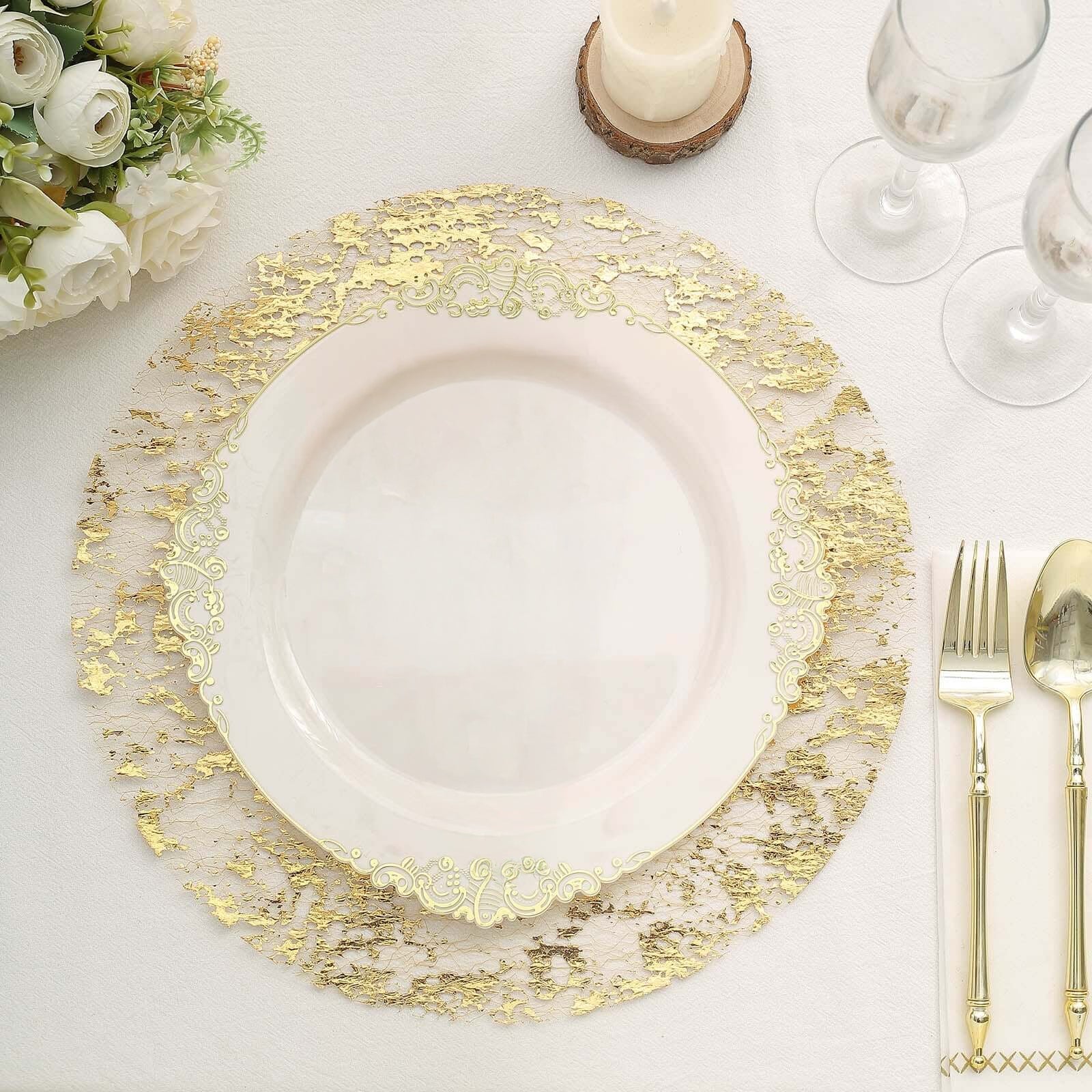 50-Pack Table Placemats Foil Design Metallic Gold Round - Mesh Disposable Shiny Dining Mats 13"