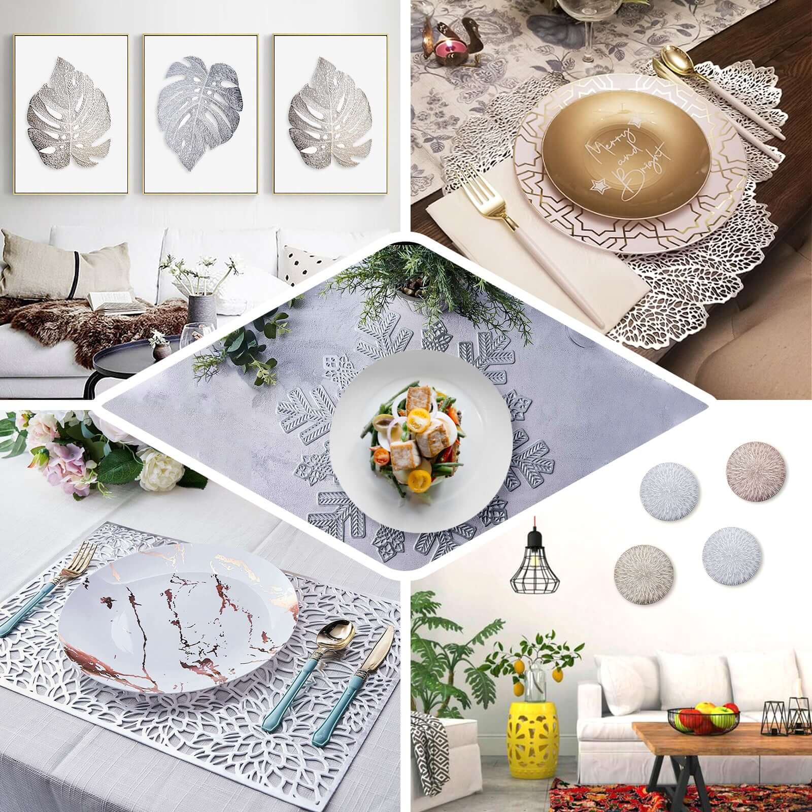 6-Pack Dining Table Mats Floral Design Silver - Metallic Vinyl Round Non-Slip Mats for Tables 15"