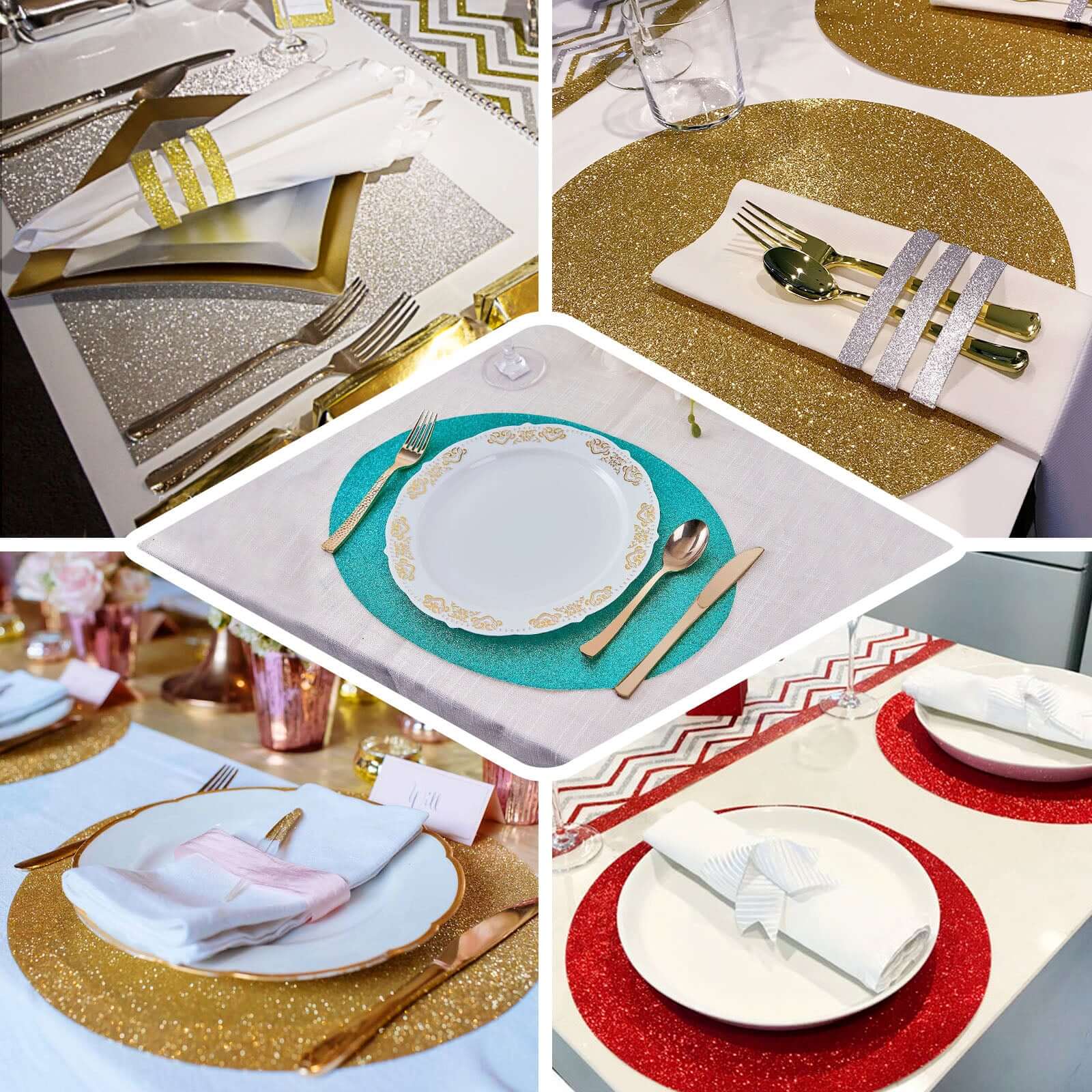 6-Pack Placemats Glitter Design Champagne Sparkle Round - Non-Slip Decorative Dining Table Mats 13"