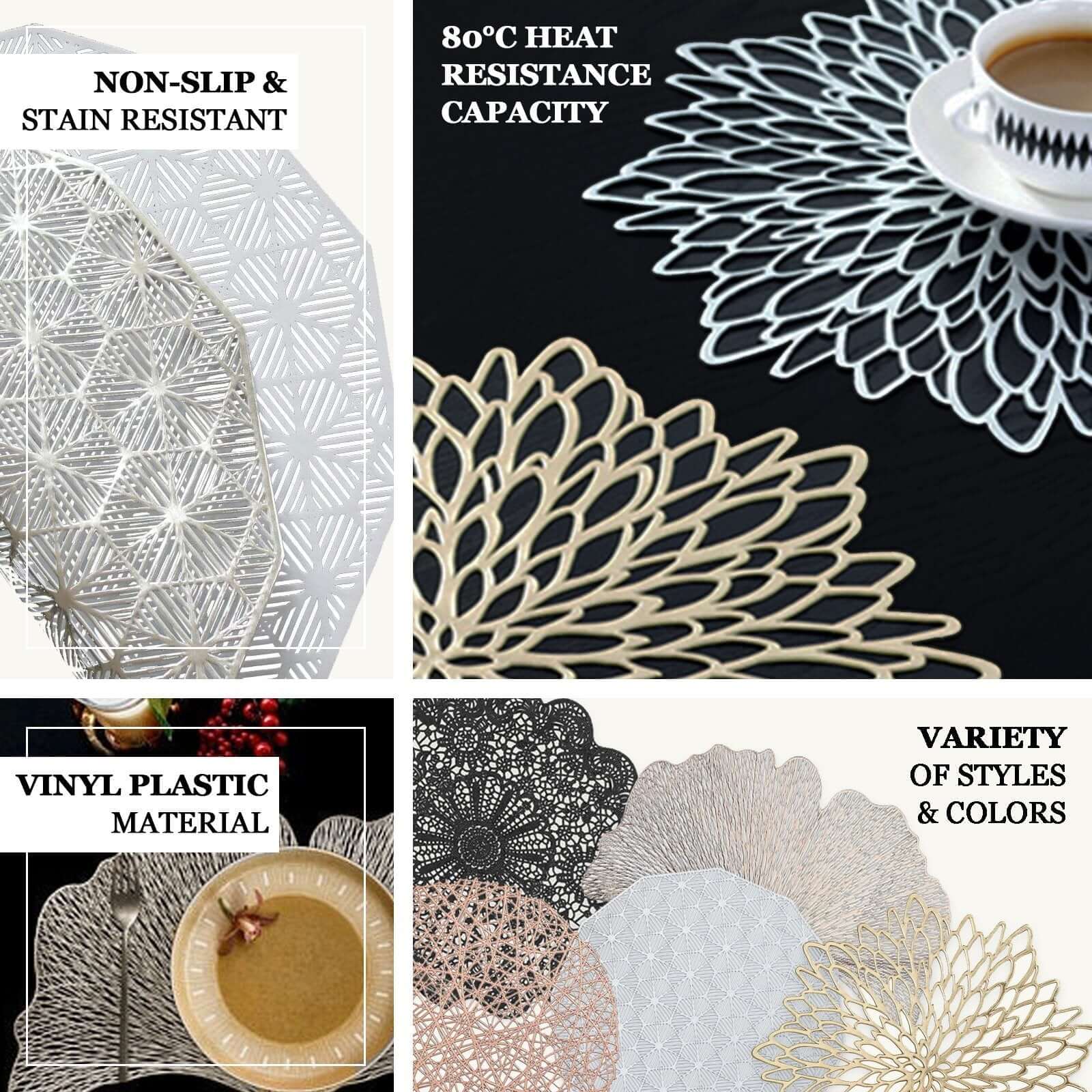 6-Pack Dining Table Mats Floral Lace Design Black - Vinyl Non-Slip Surface with Vintage Appeal 15"