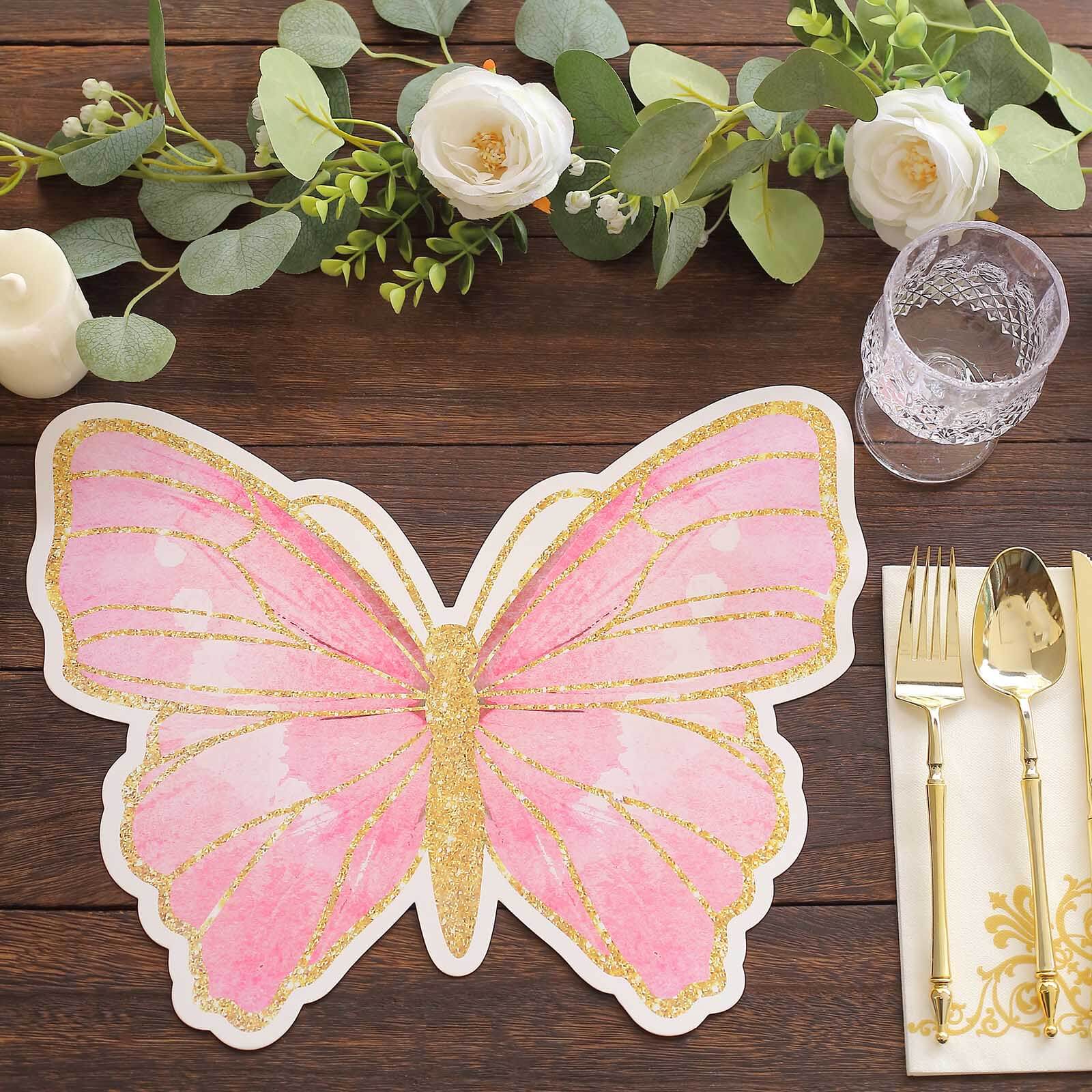 10-Pack Disposable Table Placemats with Pink Butterfly Design & Gold Glitters - 400GSM Cardboard Placemats - 14"
