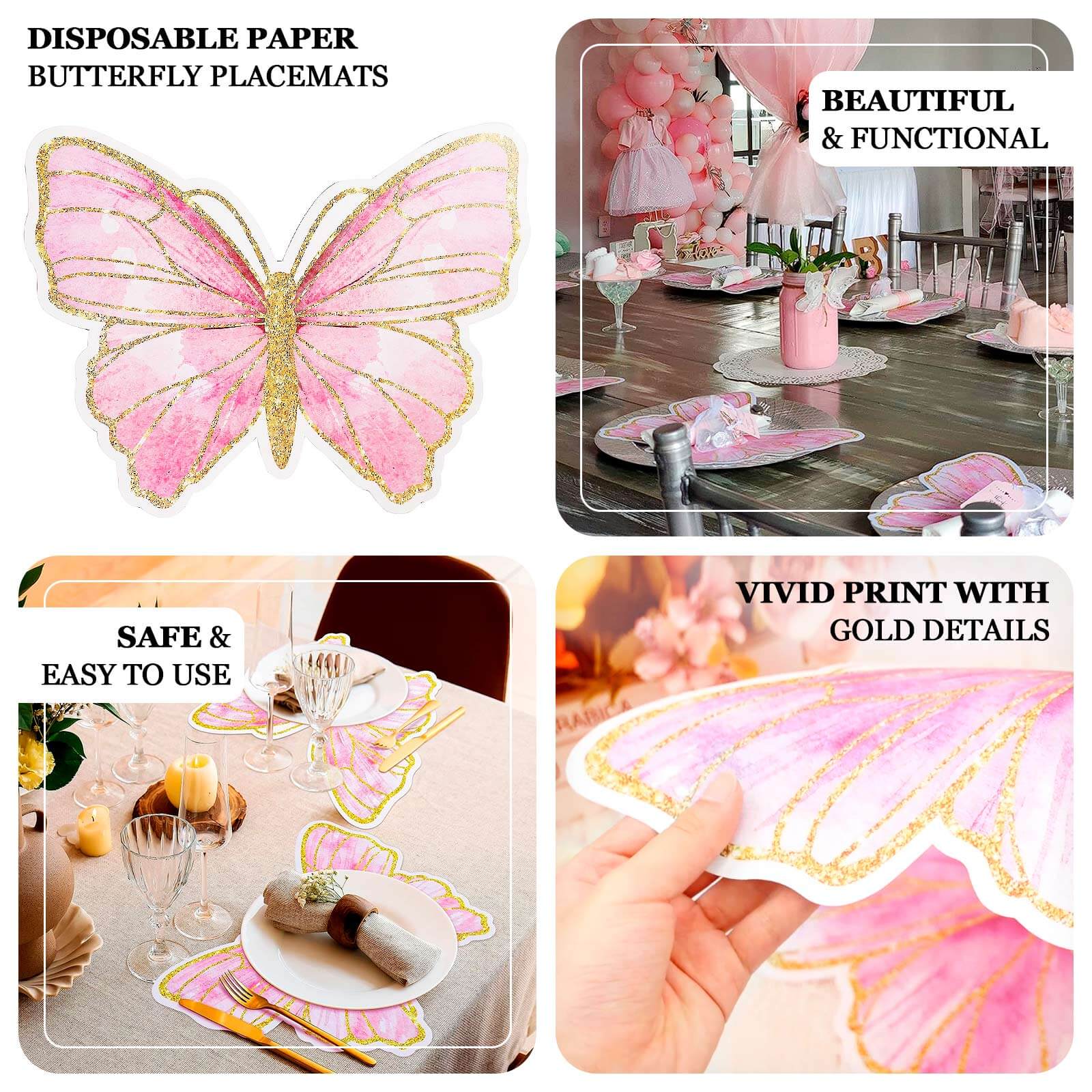 10-Pack Disposable Table Placemats with Pink Butterfly Design & Gold Glitters - 400GSM Cardboard Placemats - 14"