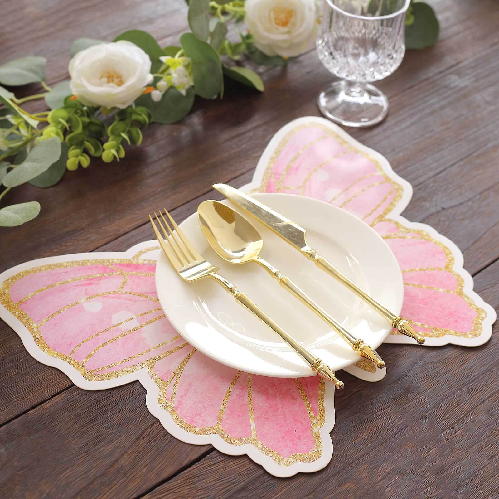 10-Pack Disposable Table Placemats with Pink Butterfly Design & Gold Glitters - 400GSM Cardboard Placemats - 14"