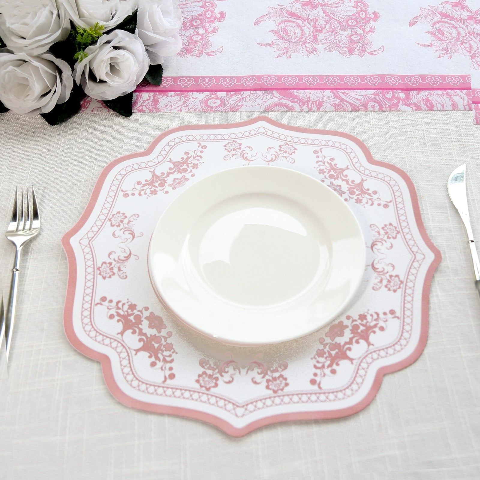 10-Pack Disposable Table Placemats 13" Round Placemats in White with Pink Damask Floral Pattern & Scalloped Rim - 400GSM Cardboard Placemats