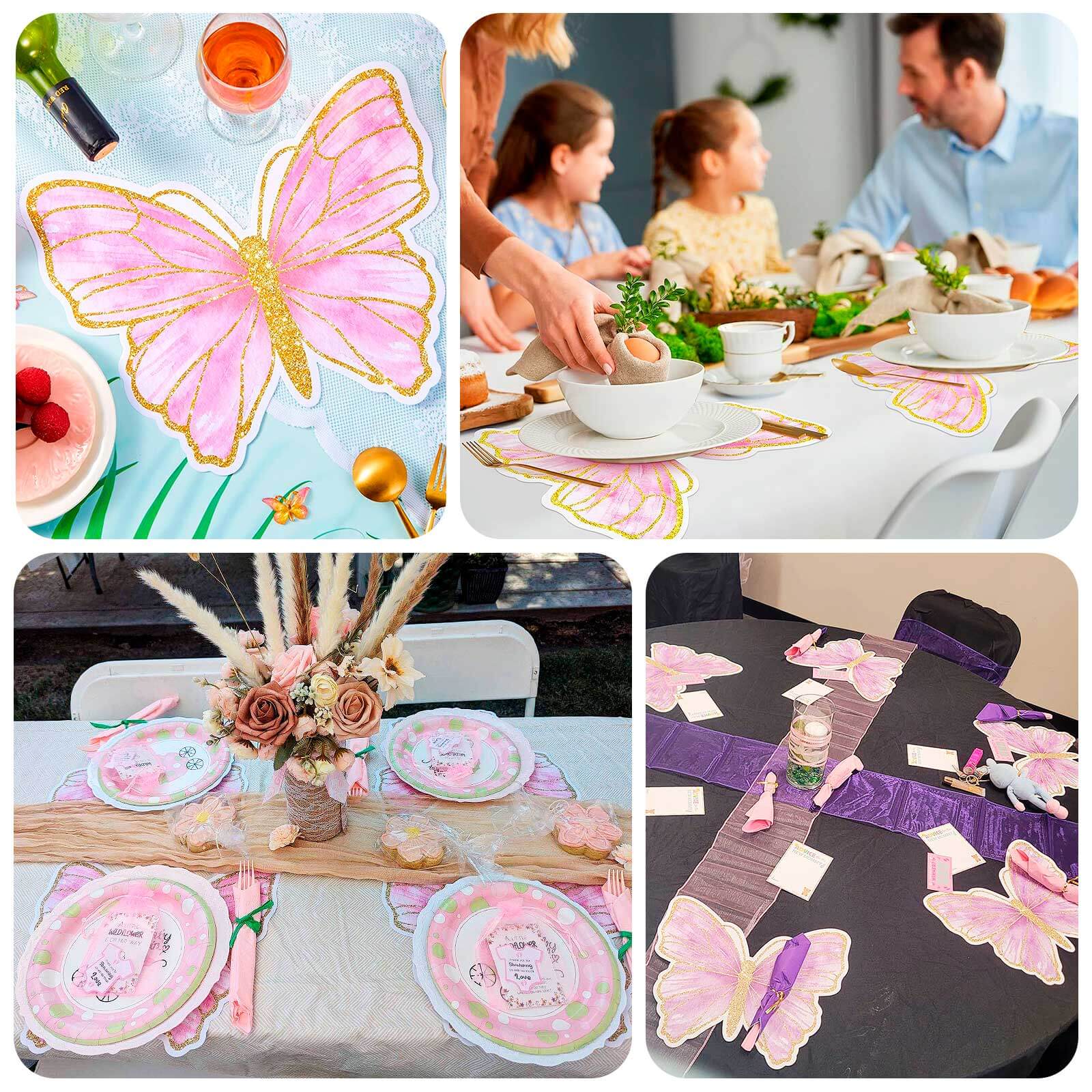 10-Pack Disposable Table Placemats with Pink Butterfly Design & Gold Glitters - 400GSM Cardboard Placemats - 14"