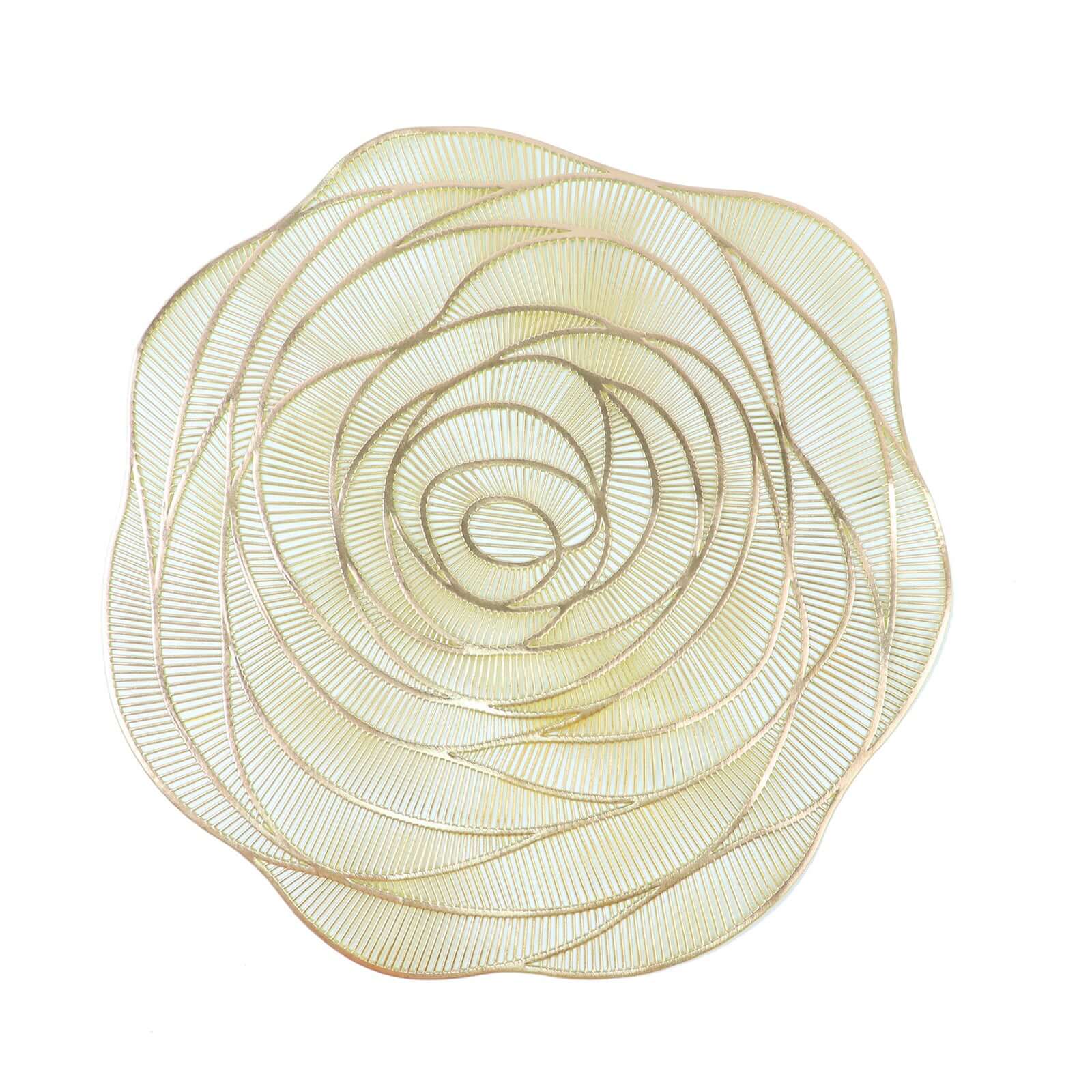 6-Pack Dining Table Mats Rose Flower Design Metallic Gold - Vinyl Round Non-Slip and Washable Table Mats 15"