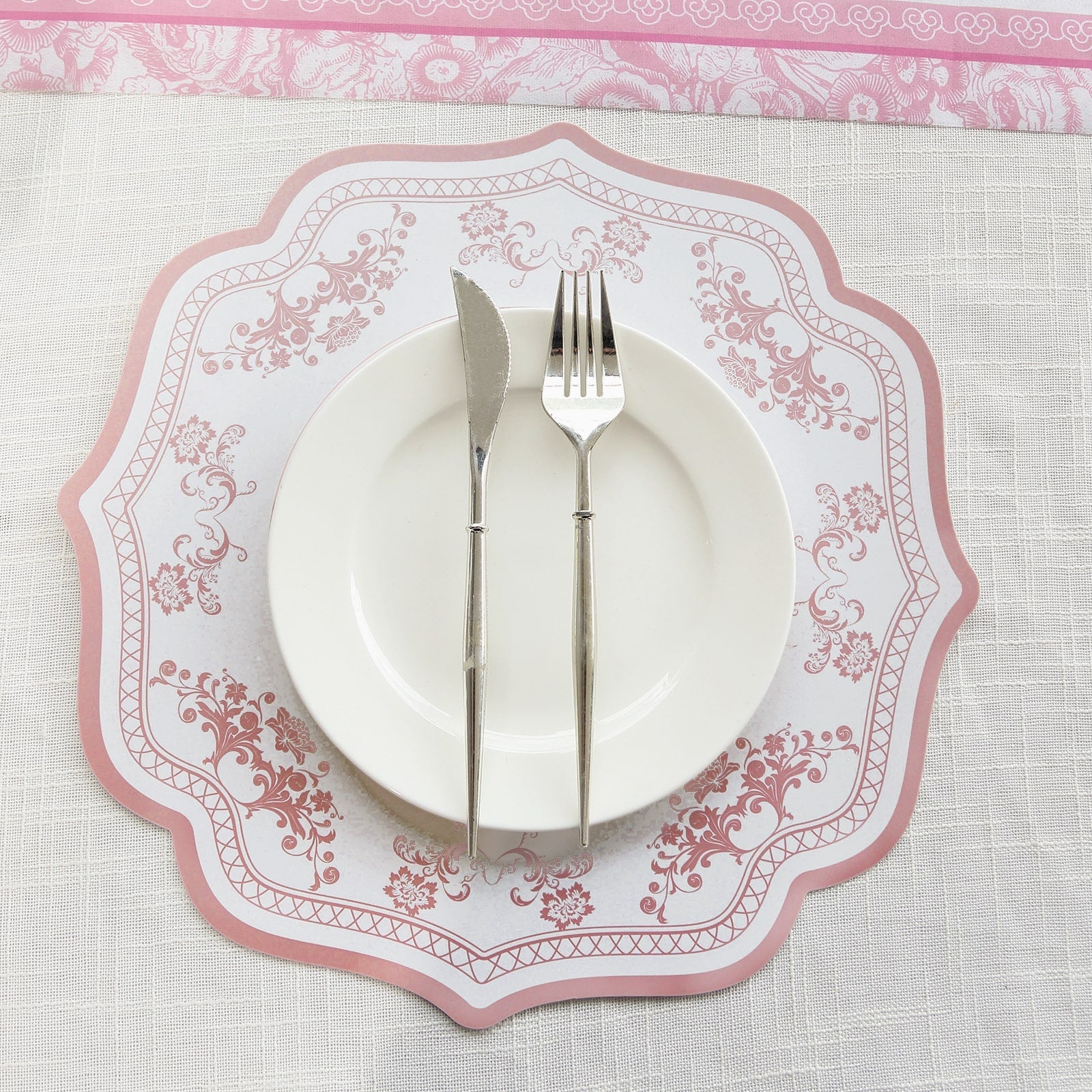 10-Pack Disposable Table Placemats 13" Round Placemats in White with Pink Damask Floral Pattern & Scalloped Rim - 400GSM Cardboard Placemats