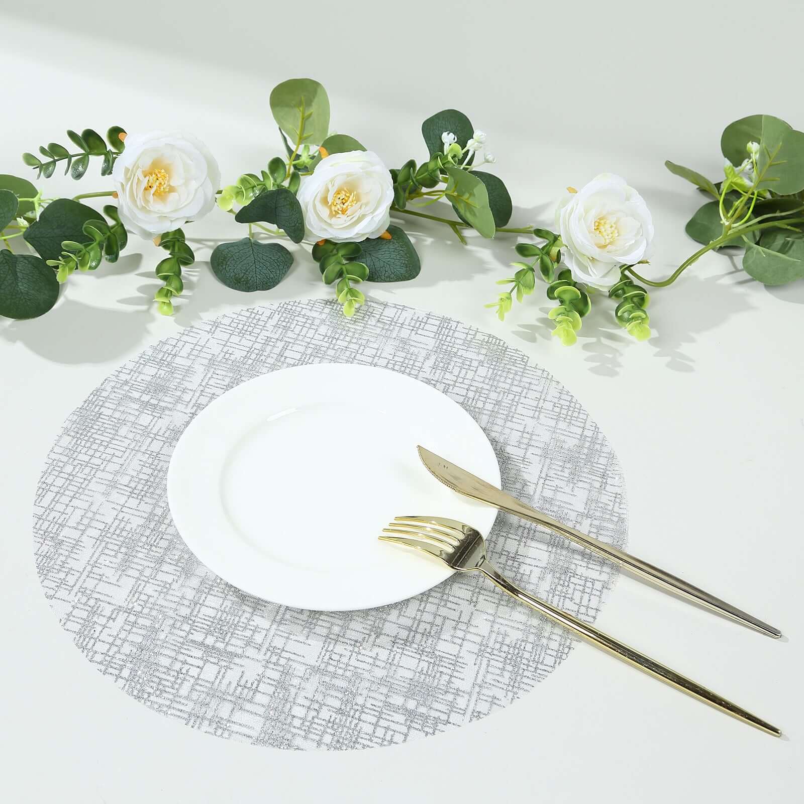 10-Pack Table Placemats Glitter Design Metallic Silver Round - Mesh Polyester Disposable Mats 13"